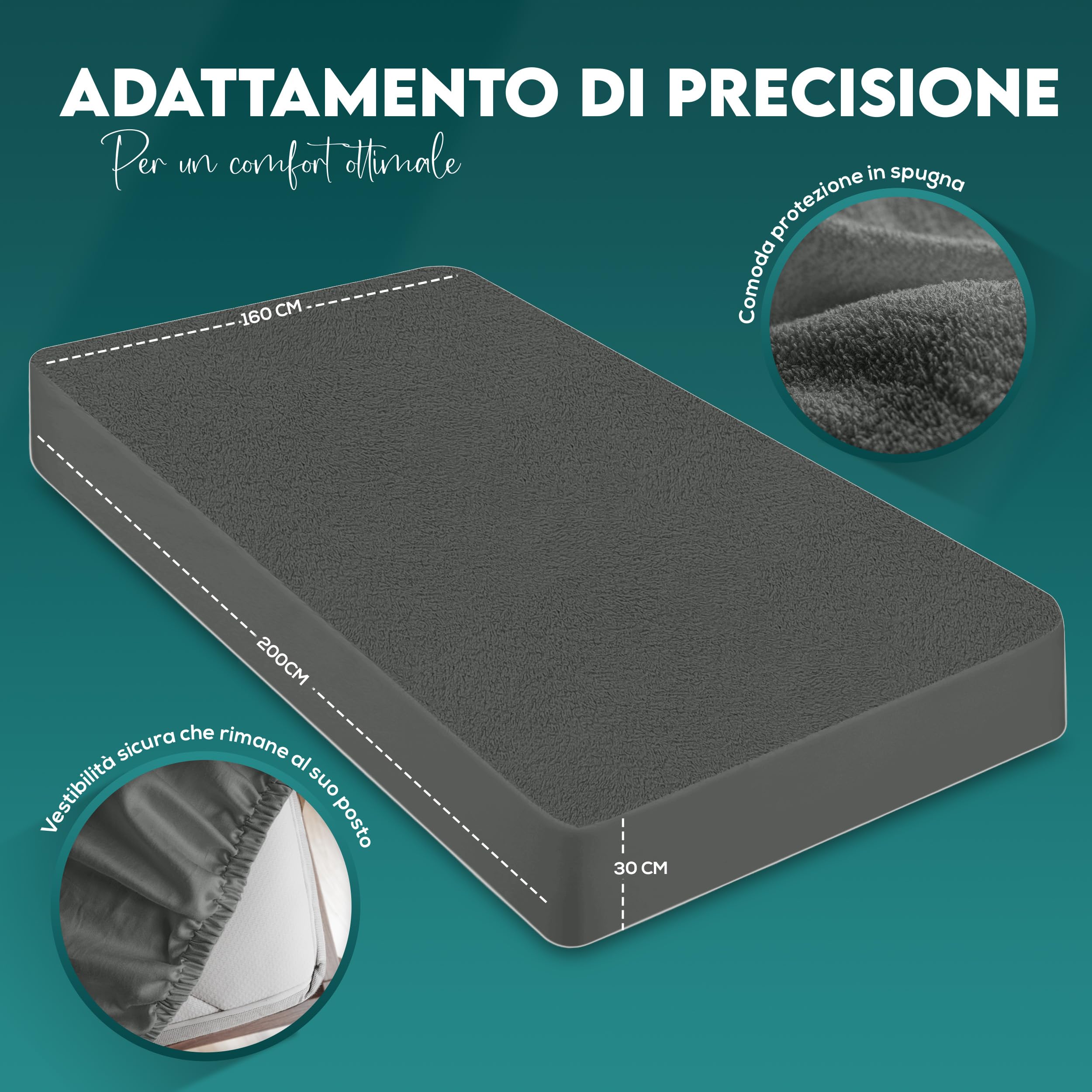 Utopia Bedding Coprimaterasso Matrimoniale Impermeabile 160 x 200 x 30 cm, Certificato OEKO-TEX, Proteggi Materasso, Traspirante, Lavabile, Stile Montato Tutto Intorno Elastico Grigio