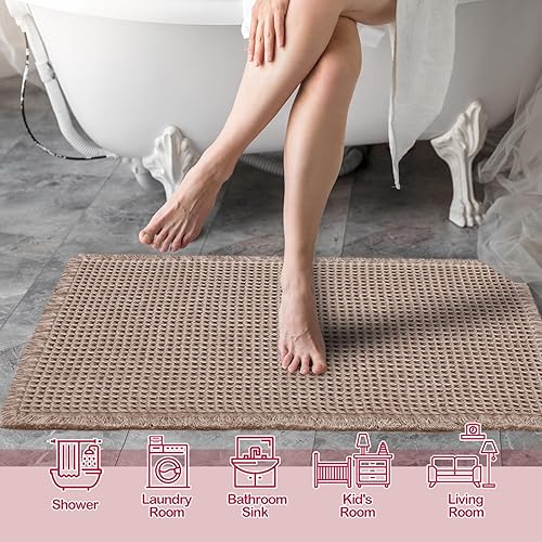 Miniatura 2 de ZALL - Tapete de baño de punto gofre, súper absorbente, antideslizante, color marrón, 18 x 30 pulgadas, lavable a máquina, ultra suave