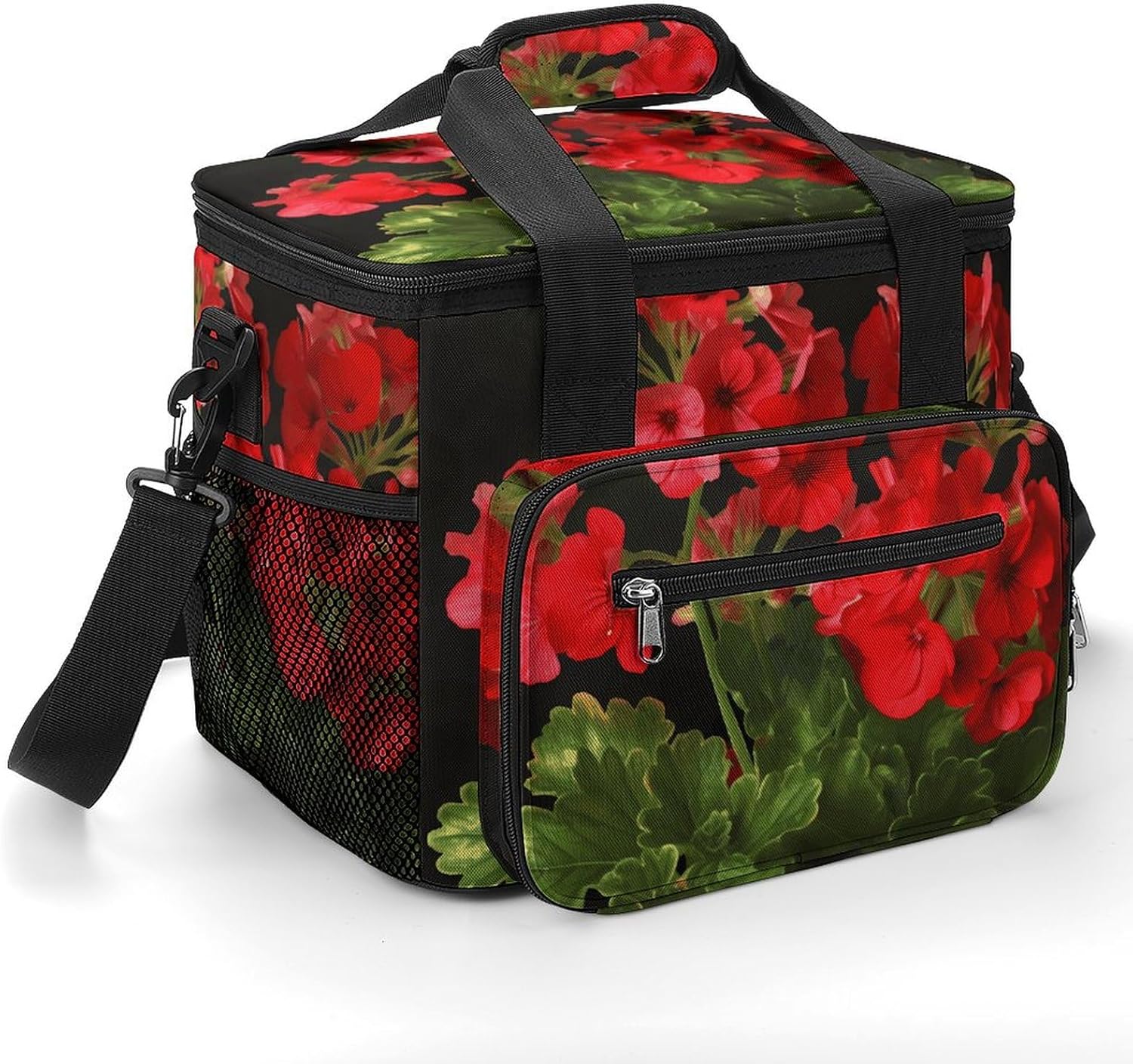 Large-Capacity Oxford Cloth Red Geraniums Printed Camping Ice Bag, Outdoor Portable Insulation and Cold Storage Bag, Enjoy A Cool Camping Time