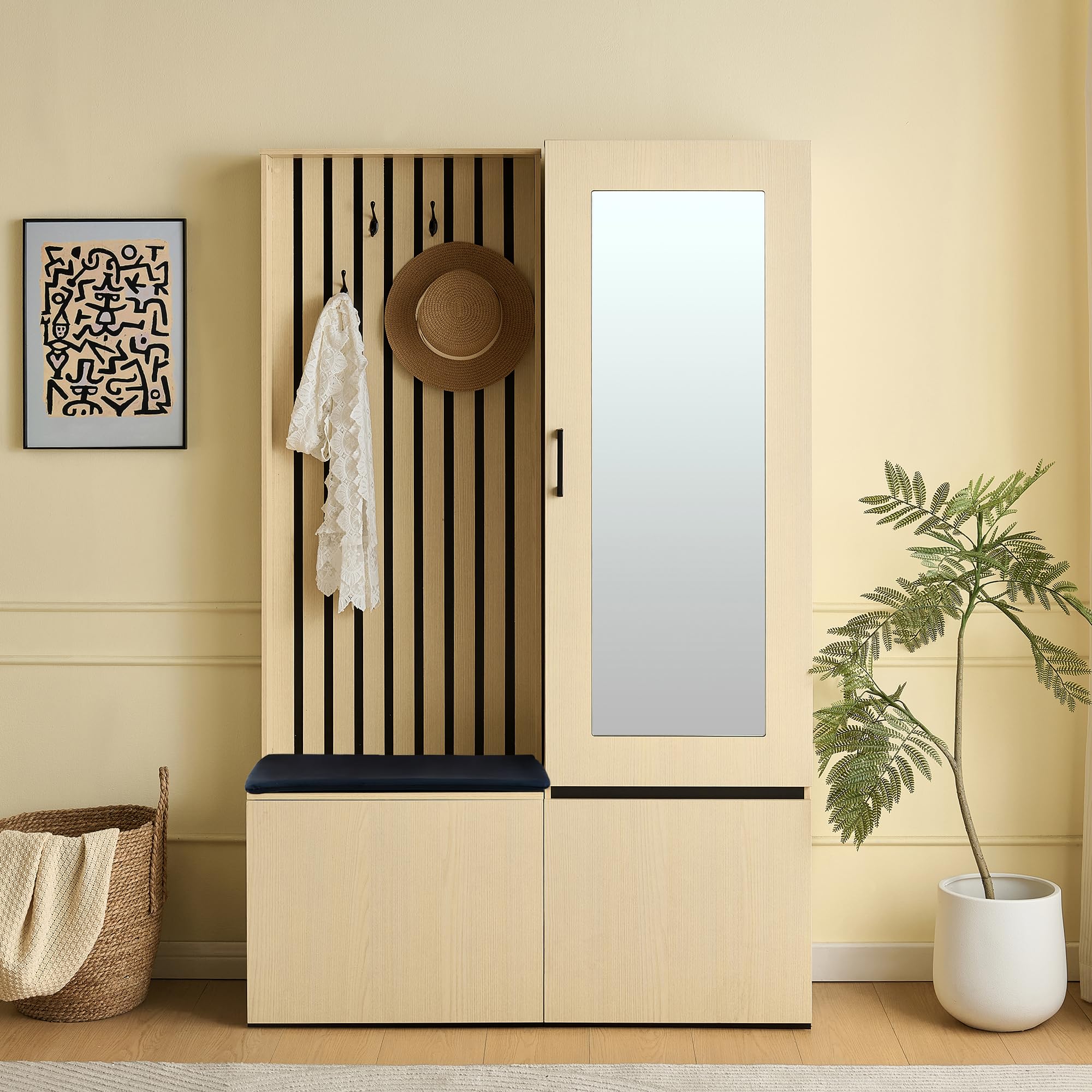 Merax Garderobenschrank mit Spiegel und Sitzbank – Modernes Flurmöbel-Set mit Schuhablage, ausziehbarer Kleiderstange, 4 Haken, Stauraum für Flur, Schlafzimmer & Eingangsbereich