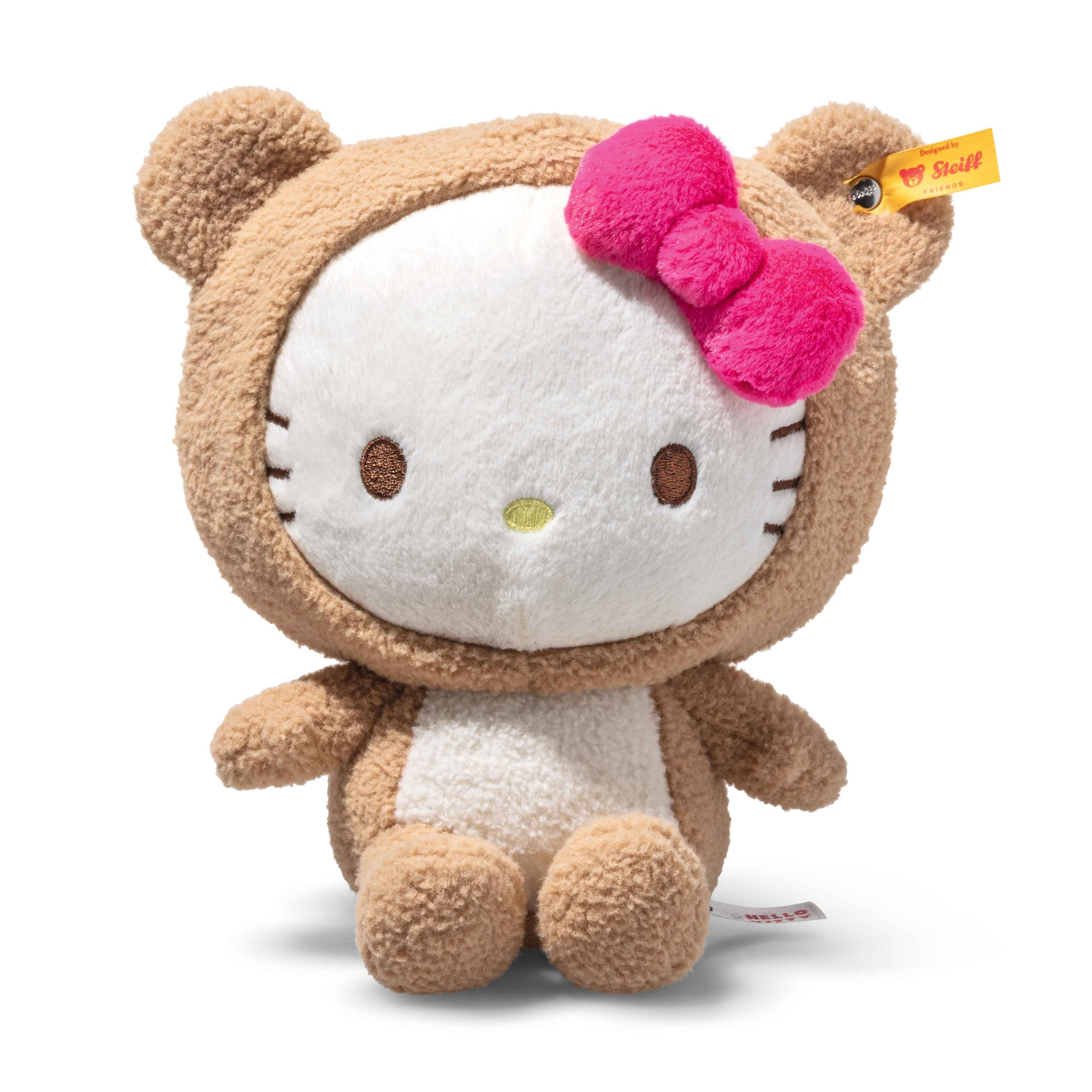 Steiff Hello Kitty w kostiumie pluszowego misia, 20 cm, przytulanka z miękkiego pluszu, odpinany kaptur, pluszowa zabawka, prezent dla dzieci i kolekcjonerów, można prać w pralce