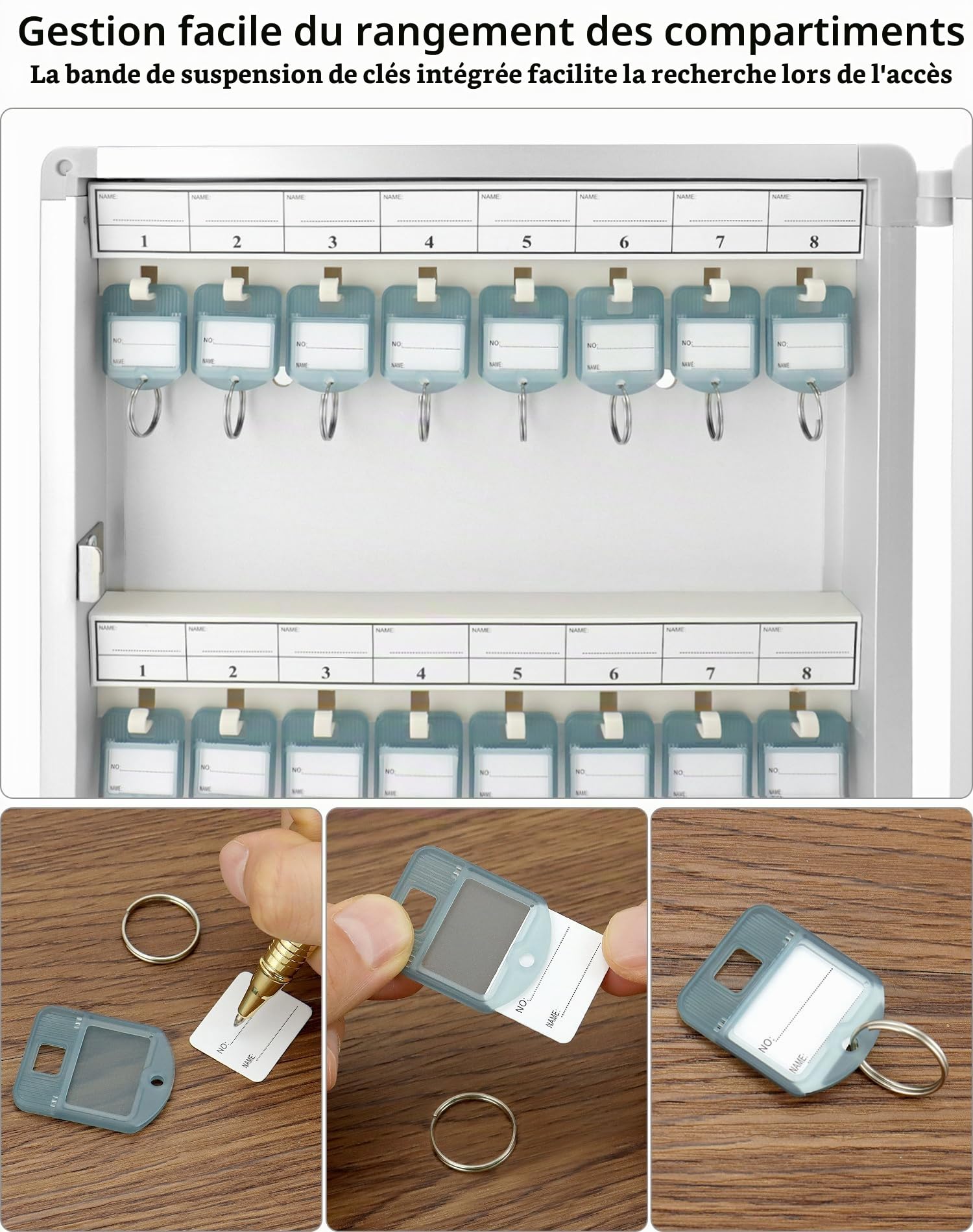 QWORK® Armoire à clés, boîte à clés avec 48 Crochets, Gris Clair, 264 * 60 * 435mm