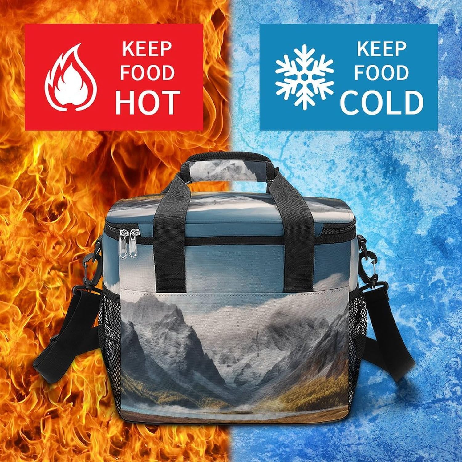 Camping Ice Pack, Travel Mountain Scenery Print Cooler Bag, 22.5L Large Capacity Insulated Lunch Tote Bag for Outdoor, Picnic, BBQ, Travel, Work