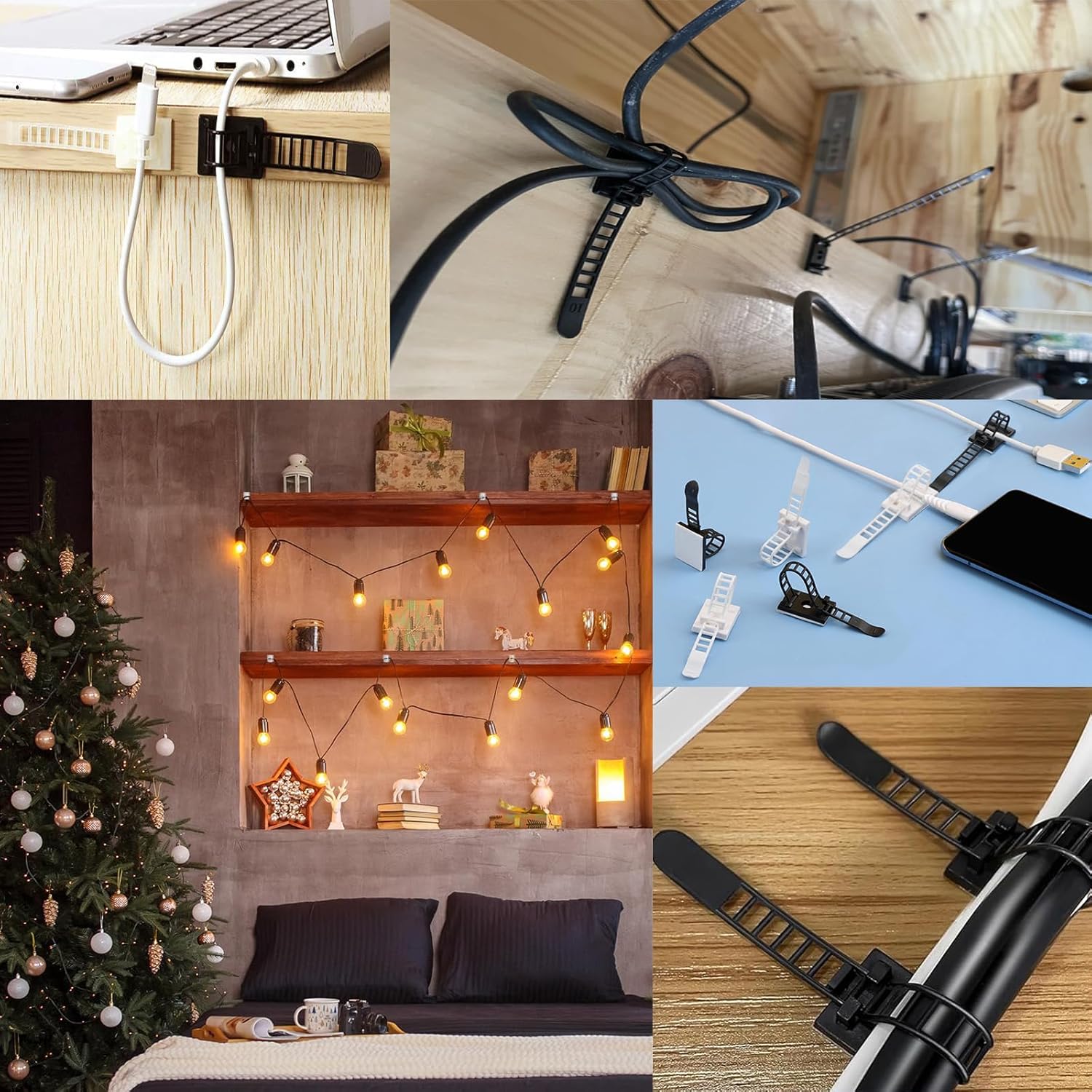 Adjustable Adhesive Cable Management Clips 50Pcs, Large self Adhesive Cable Ties Clips ，Suitable for Cable Management Under desks and on Walls(Black)