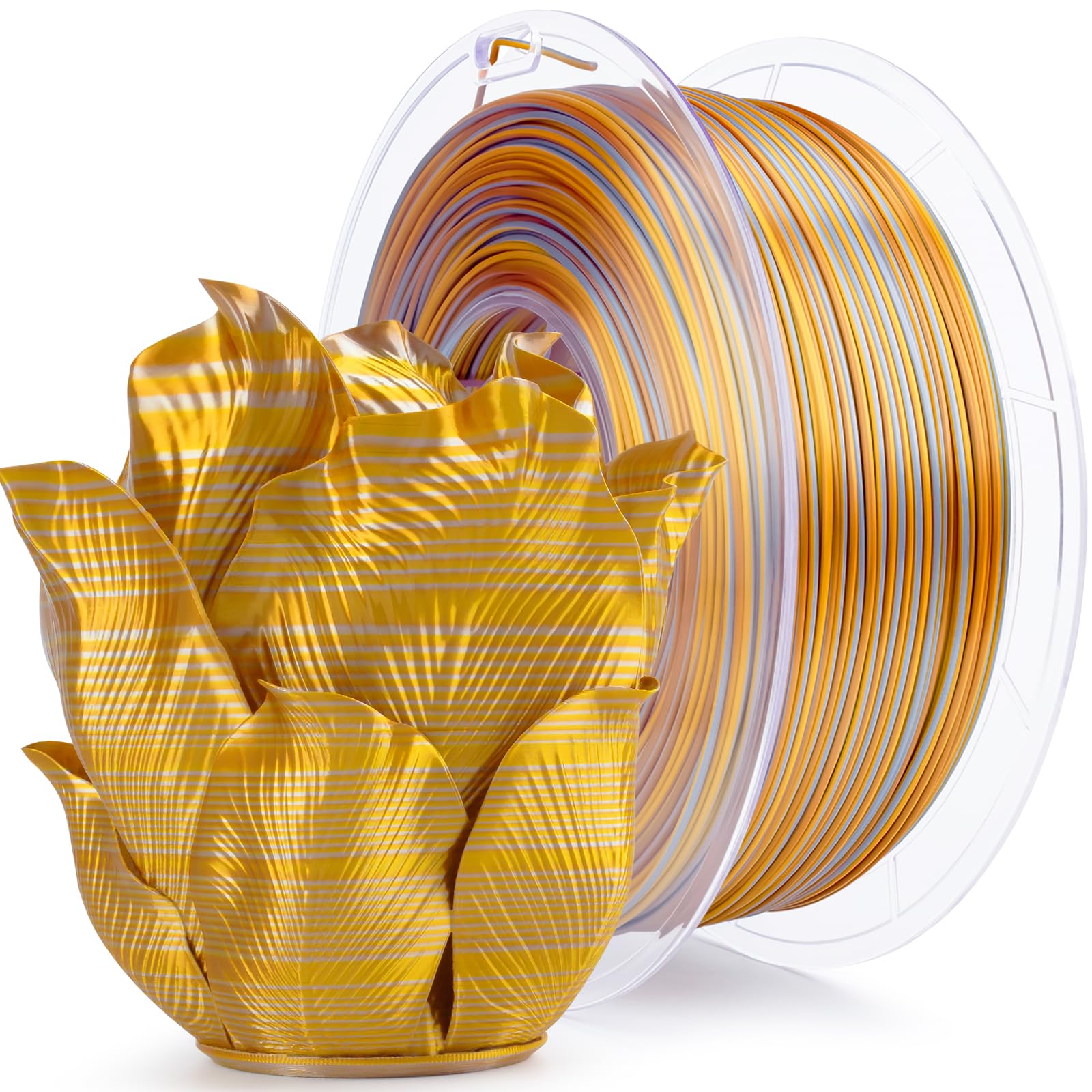 ZIRO Seide Streifen Mehrfarbiges Filament PLA 1.75mm, Schneller Farbwechsel Silk PLA Streifen Serie 1kg, Mehrfarbiges Regenbogen Seide Rotations 3D Drucker Filament, Sonnenlicht Streifen