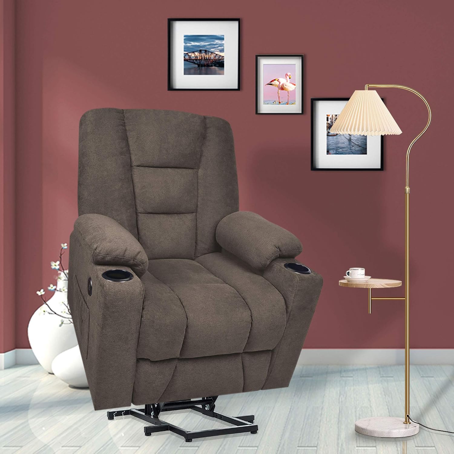 MAXXPRIME Upgraded Electric Power Lift Recliner Chair Sofa for Elderly, Comfortable, Premium Thickened Fabric, 3 Positions, 2 Side Pockets & Cup Holders, Dual USB Ports (Brown)