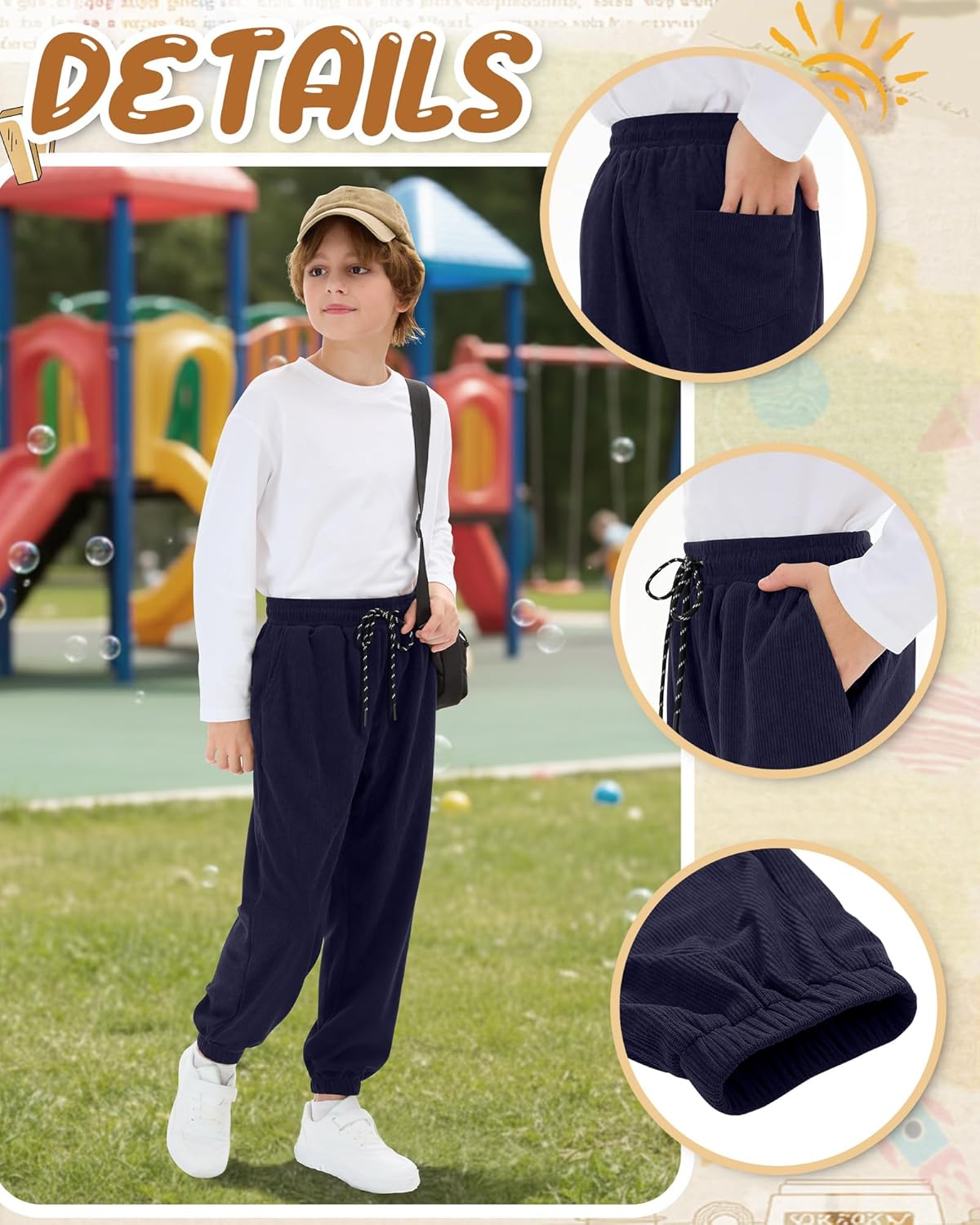 3 Pack Boys Joggers Kids Corduroy Sweatpants Casual Elastic Waist Drawstring Athletic Uniform Pants with Pockets - Image 5