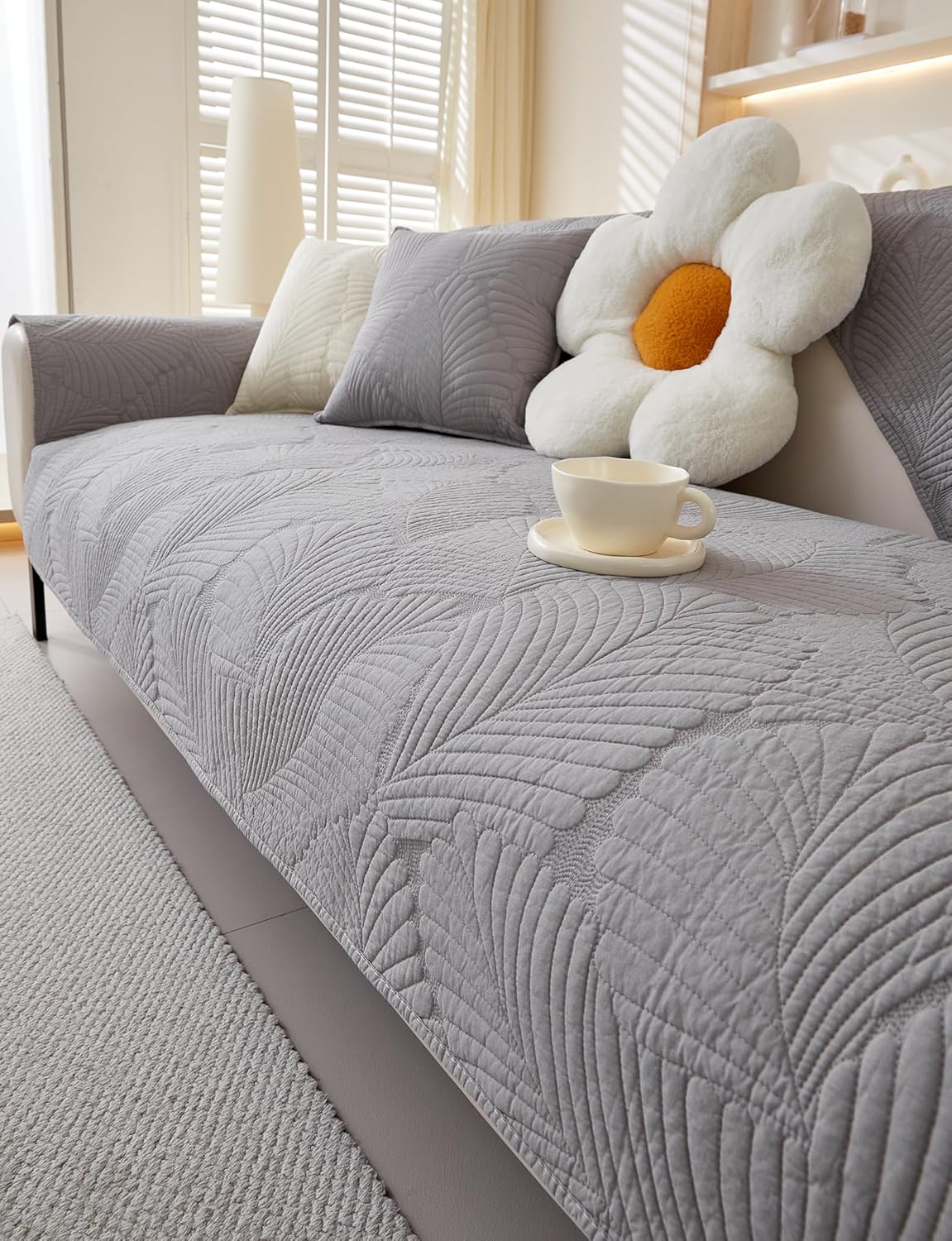 vctops Soft Cotton Quilted Couch Cover Neutral Leaf Embroidery Sofa Cover Anti Slip Sectional Couch Covers Washable Sofa Slipcover for Dogs, Children, Pets Furniture Protector (Light Grey,28"x94")