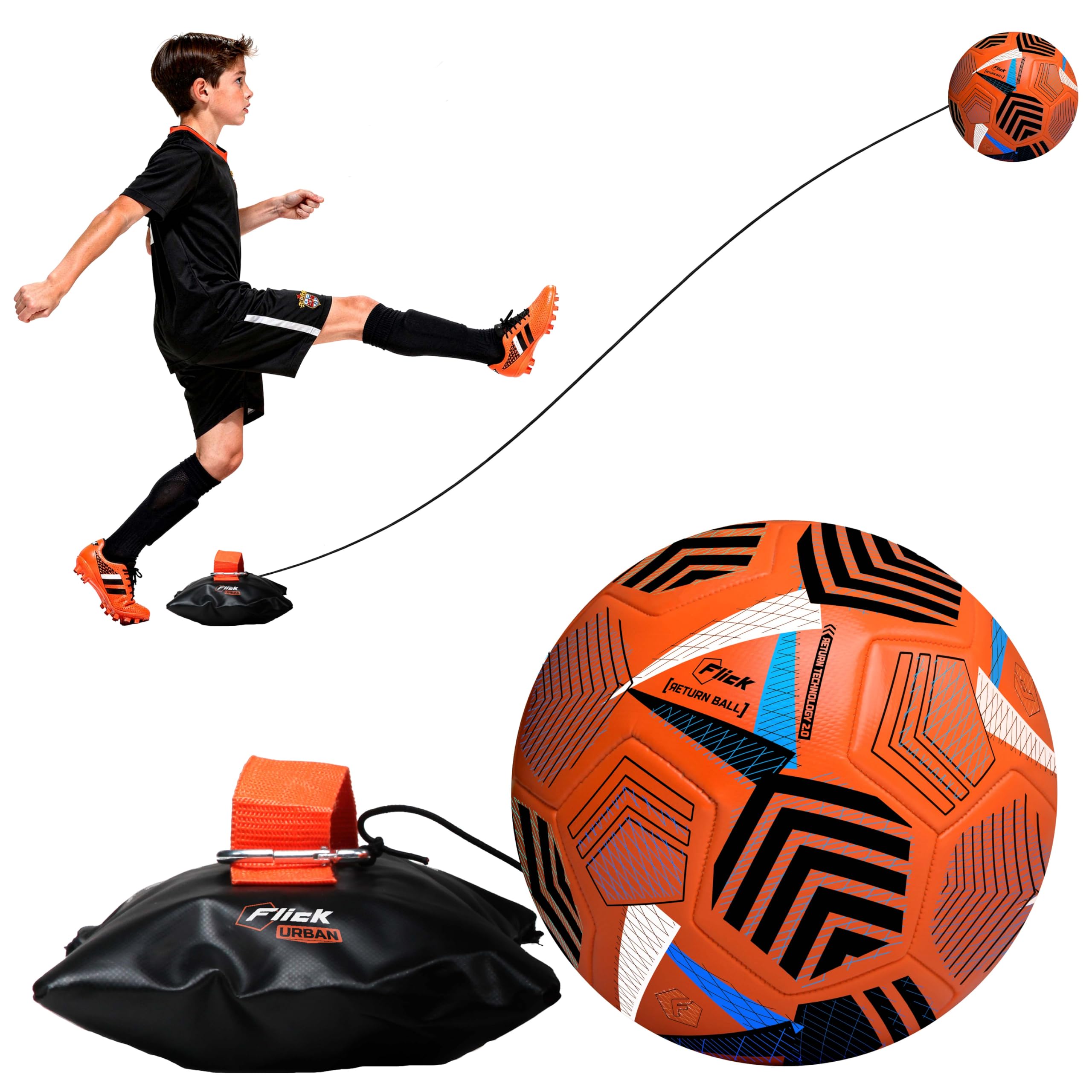 Football Flick Urban Return Ball Solo Training Equipment with 25m Bungee Cord & Size 5 Ball Football Gift for Kids, Practice Shooting & Passing Anywhere