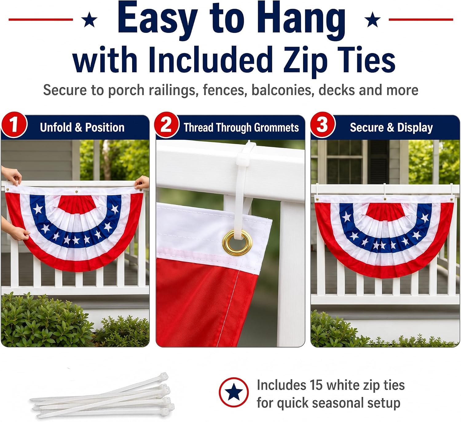 4 Pack 3 x 6 Ft 4th of July Bunting Flags, 2026 250th Anniversary American Flag Pleated Fan Banners with 15 Zip Ties, Patriotic Red White Blue Outdoor Porch Fence Railing Decor