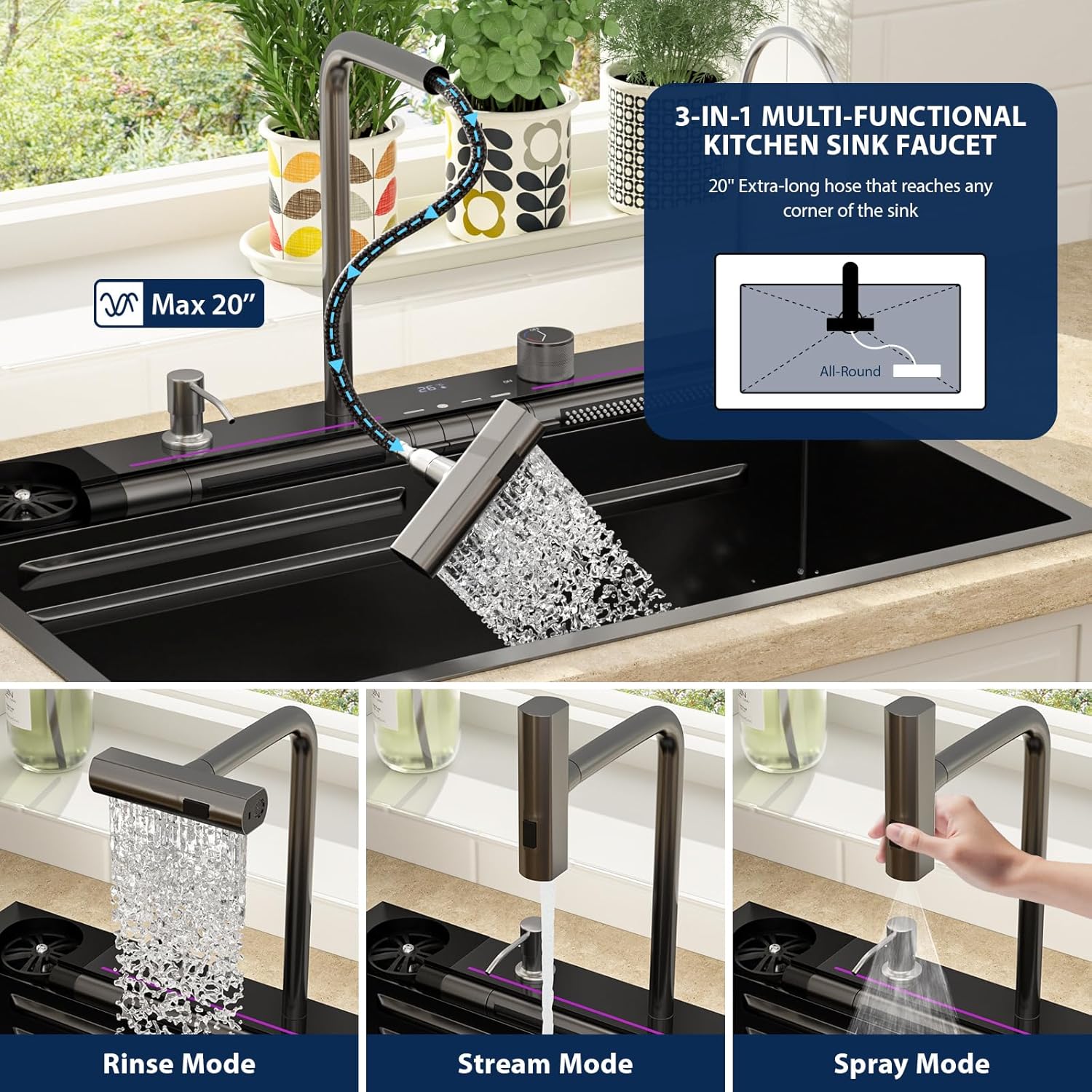 Lordear Drop In Kitchen Sink, 33 inch Black Waterfall Sink 16 Gauge Stainless Steel, Above Counter Smart Kitchen Sinks, Single Bowl with Integrated Control for Powerful Cleaning