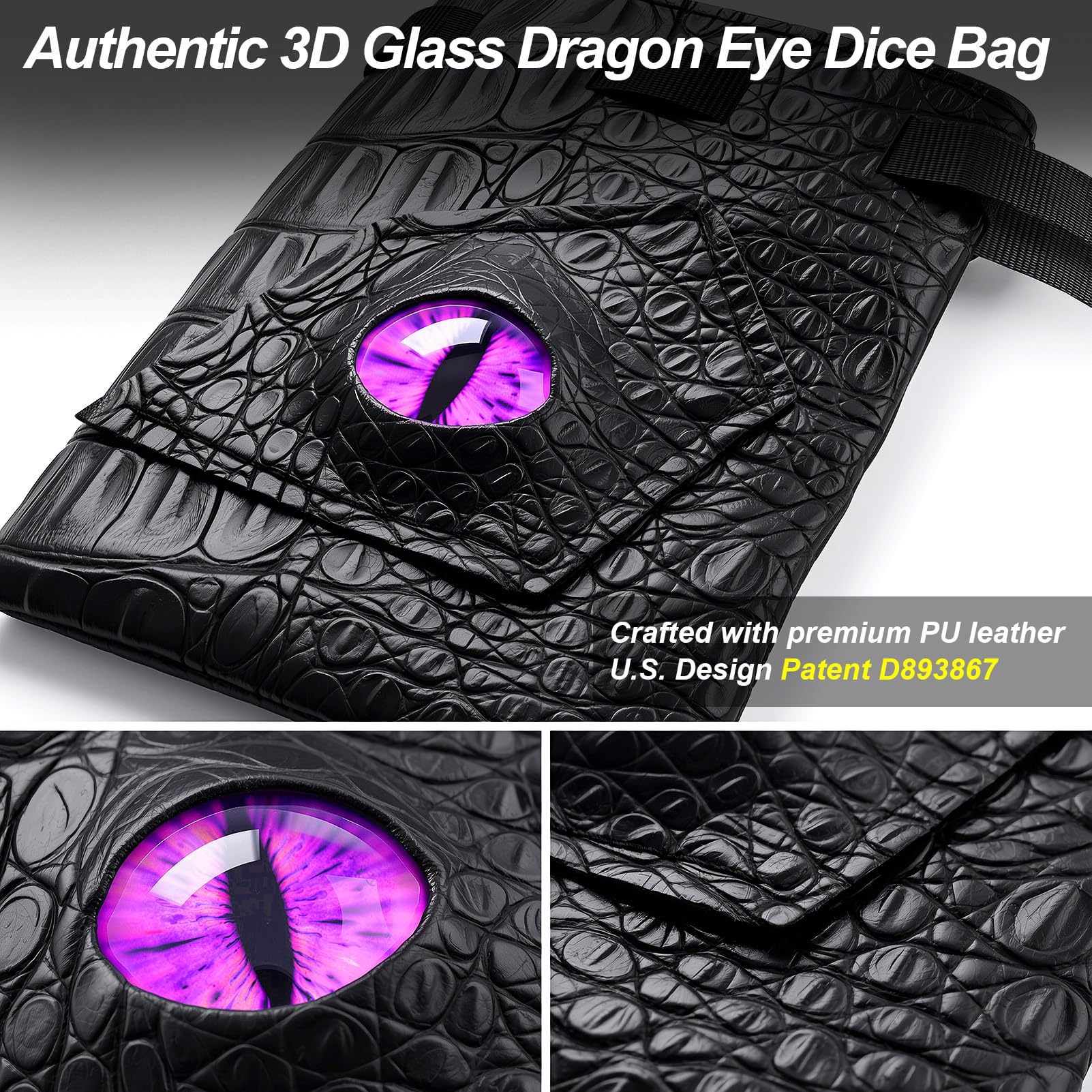 Haxtec Sac à dés dragon en cuir synthétique avec œil de dragon 3D, petit sac à cordon de serrage pour donjons et dragons, cadeau D&D pour les amateurs de dragons, brevet D893867