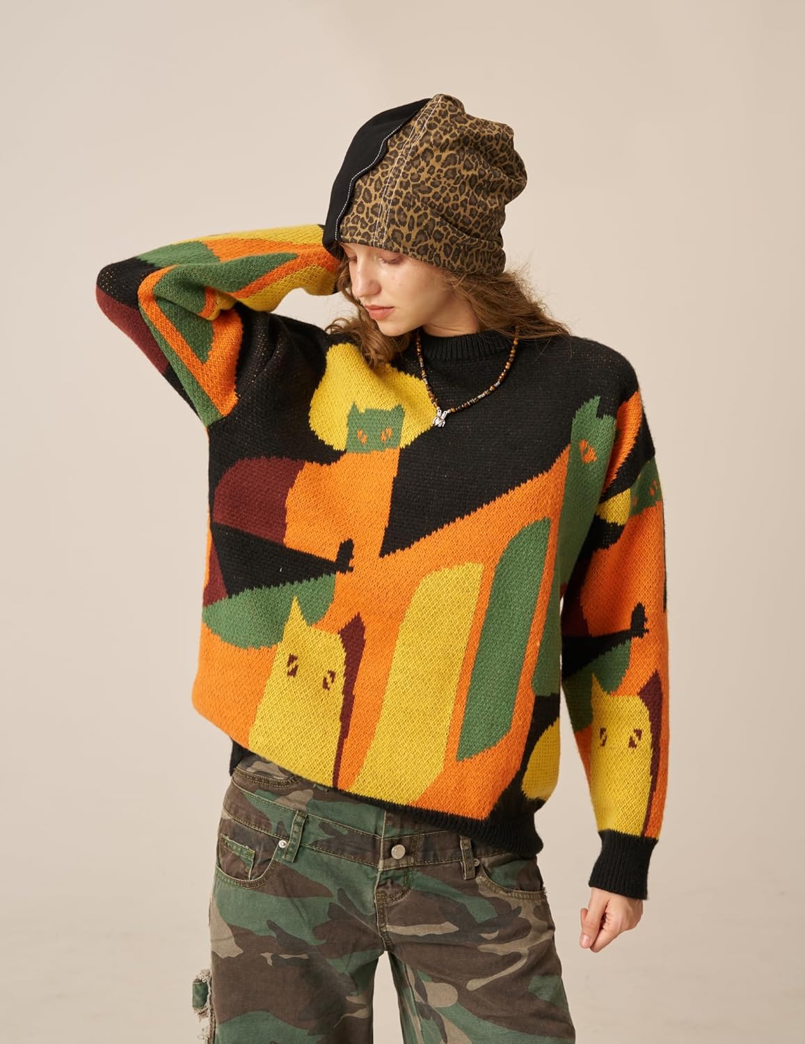 Aelfric Eden Graphic Sweaters Color Blocking Cat Sweater Vintage Oversized Crewneck Knit Pullover Christmas Tops - Image 3