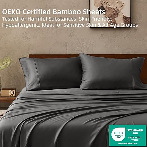 Miniatura 4 de GOKOTTA - Juego de sábanas Split King de 5 piezas, 100% rayón Tanboocel de bambú, suaves y transpirables, con esquinas profundas de 16" y tiras