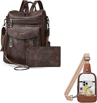 Shrrie Backpack Purse for Women + Clear Bag Stadium Approved Coffee&Brown