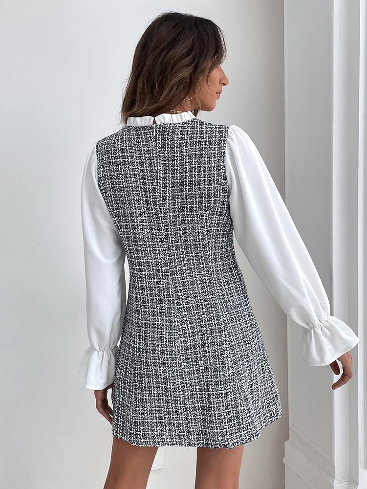 WDIRARA Women's Colorblock Plaid Stand Collar Flounce Sleeve