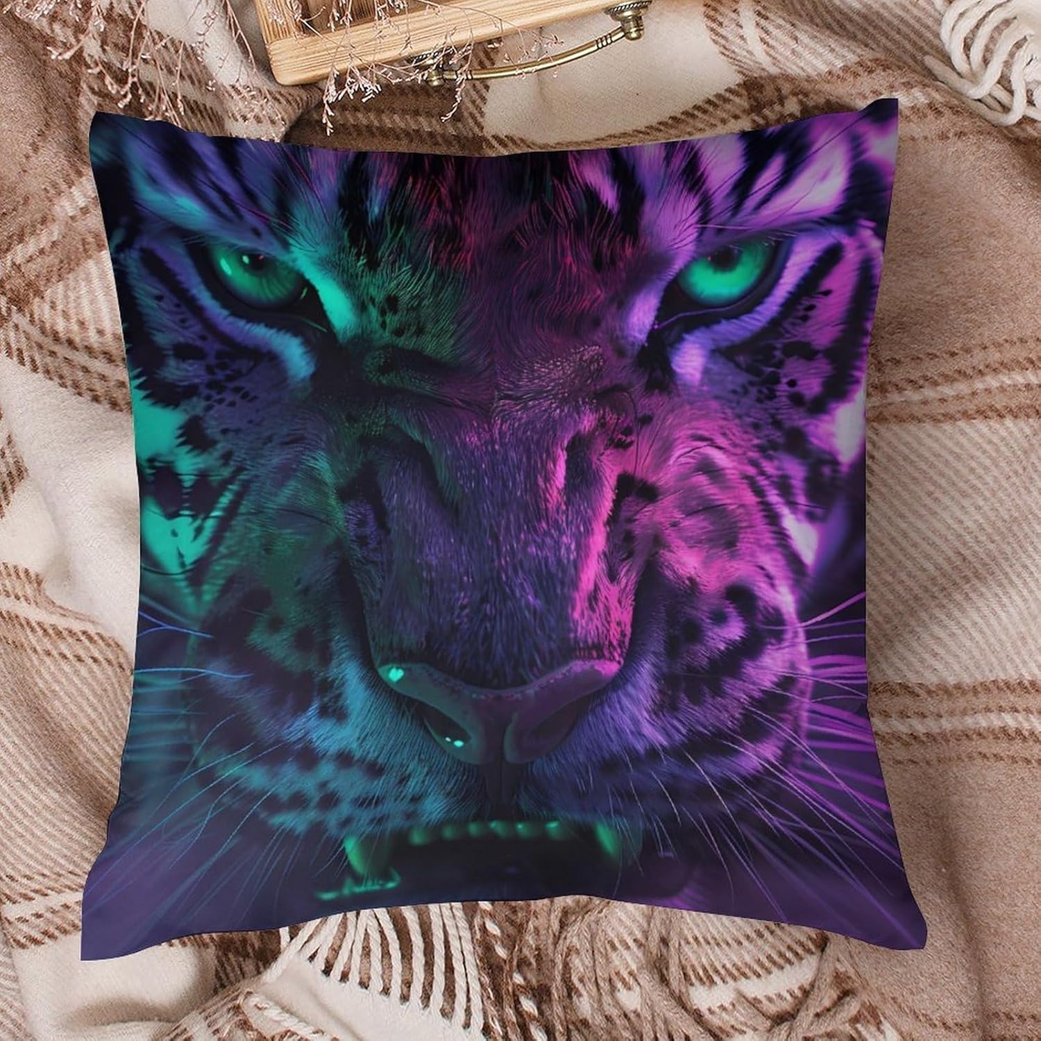 Tiger with Green Eyes Galaxy Printed Throw Pillow Case 4 Pcs Soft Pillowcases Pillows Covers Sofa Bed Decor 12/14/16/17/18/20/22/24/32 Inches