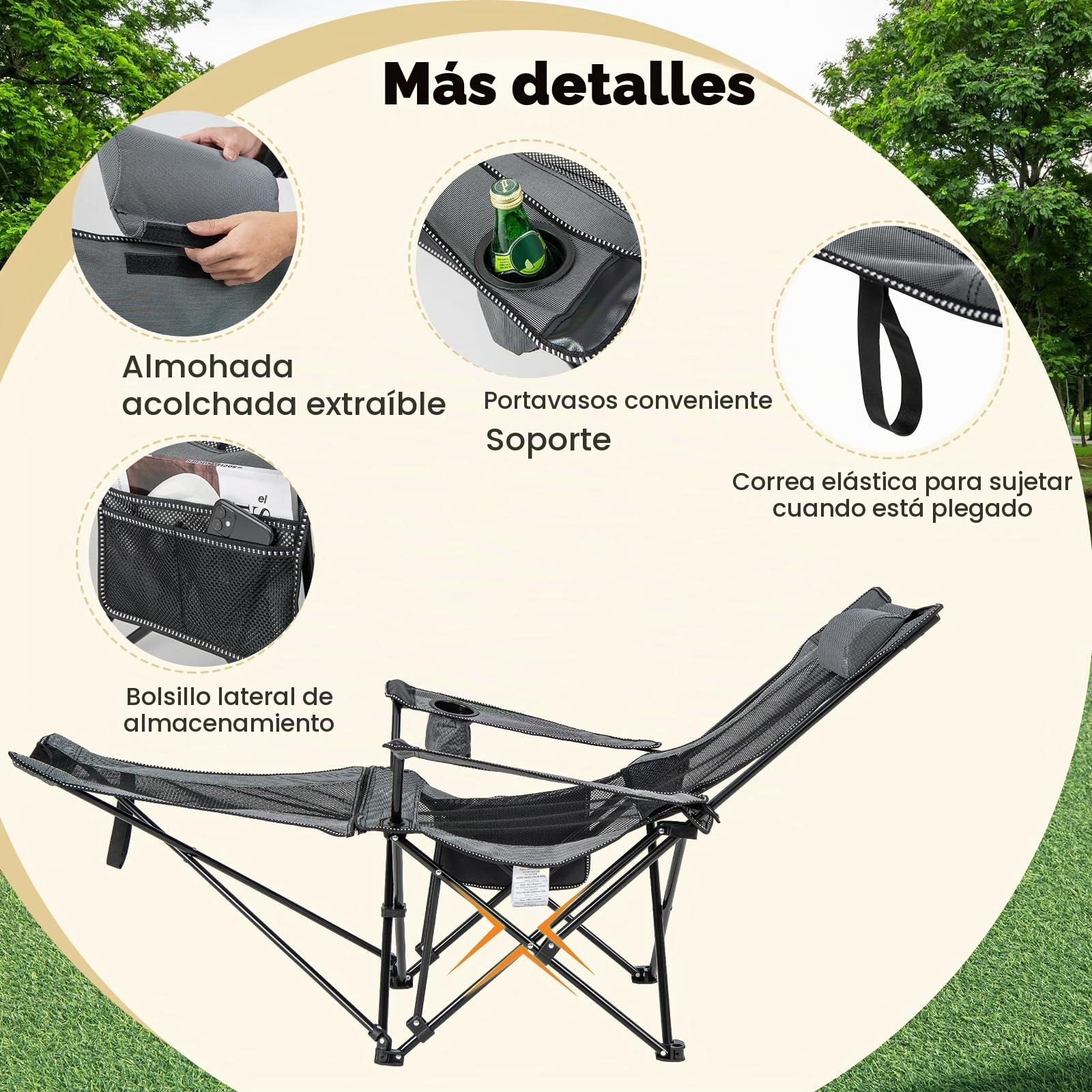 KOMFOTTEU Silla de Camping Plegable, Silla de Pesca con Respaldo Ajustable y Reposapiés Extraíble, Tumbona con Soporte para Bebidas, Bolsillo Lateral y Bolsa de Transporte (Gris)