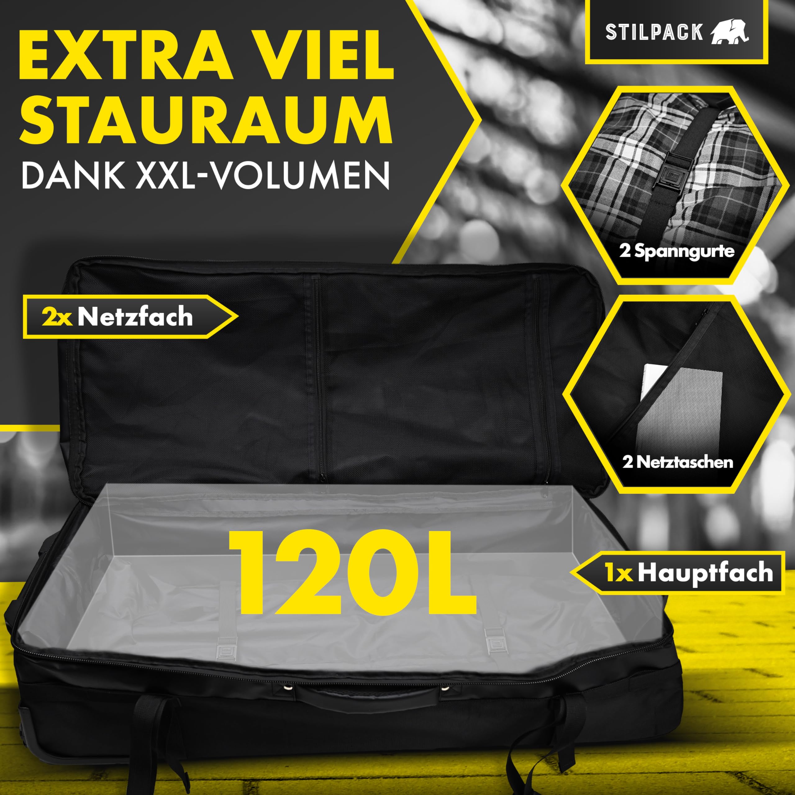 Reisetasche Rollen 120L Groß [Reisetrolley mit integriertem Sicherheitsschloss] Reisekoffer mit Rollen Groß Travel Bag | Reisetaschen Damen & Herren Perfekt für Urlaub Outdoor Sport Koffer | STILPACK