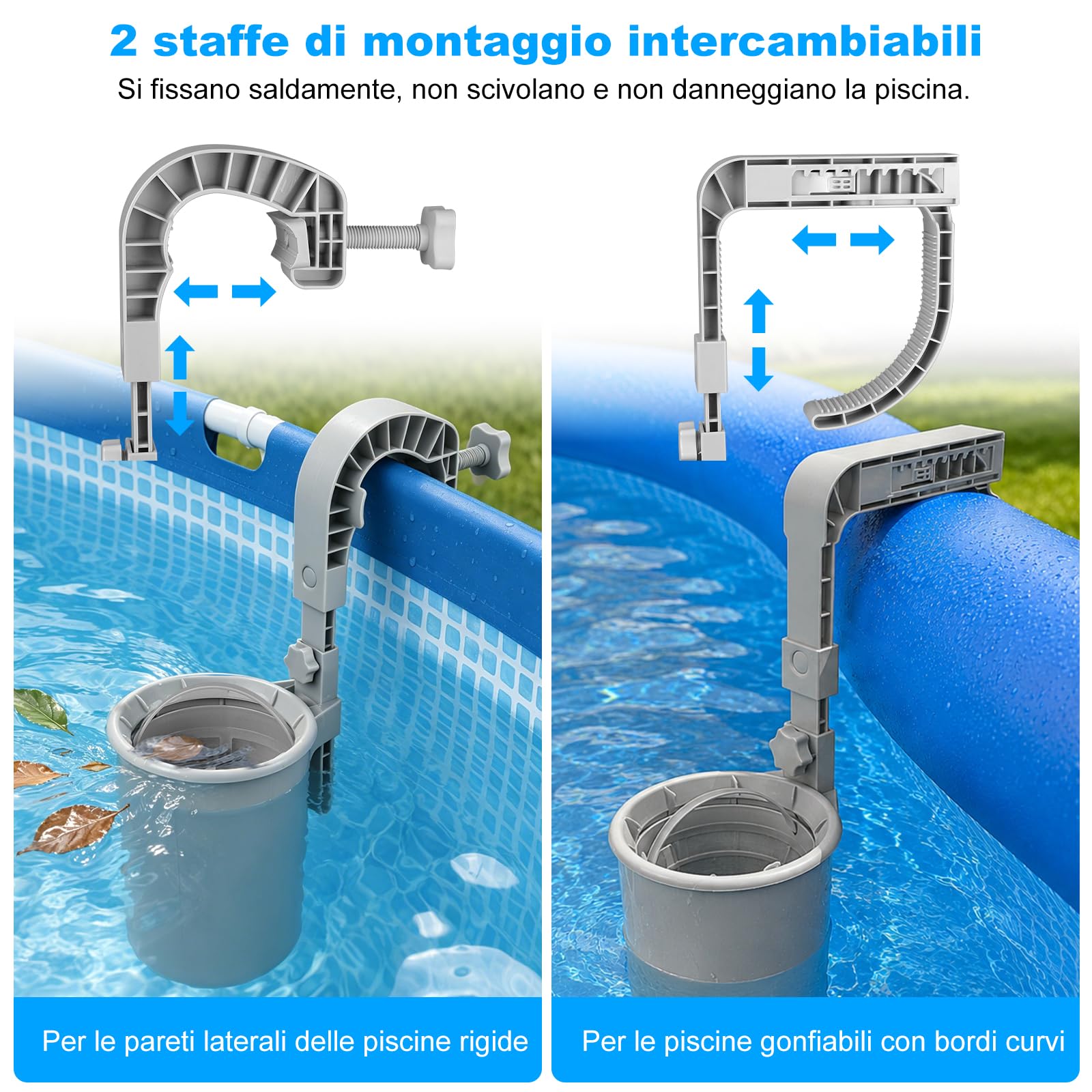 Skimmer per piscina, skimmer regolabile in altezza, montaggio a parete con cestello filtro, setaccio fine, nessuna sostituzione del filtro, skimmer per piscine aperte e con cuscino d'aria, con