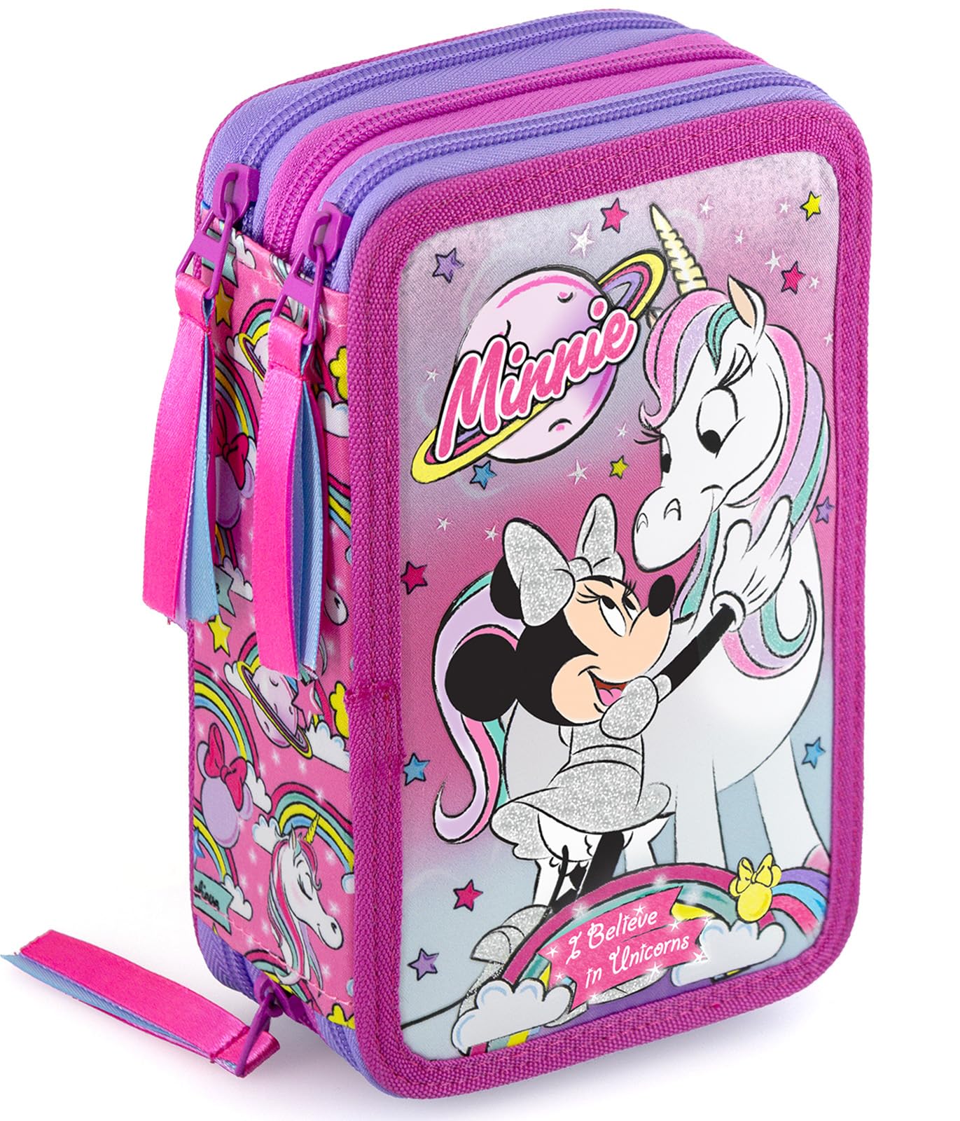 Clondo Estuche Triple Relleno para Niñas, para Minnie con Unicornio Fan, 45 Accesorios Escolares, Plumier 3 Cierres, Compartimentos Organizados, Lápices de Colores, Marcadores, Pegamento, Tijeras