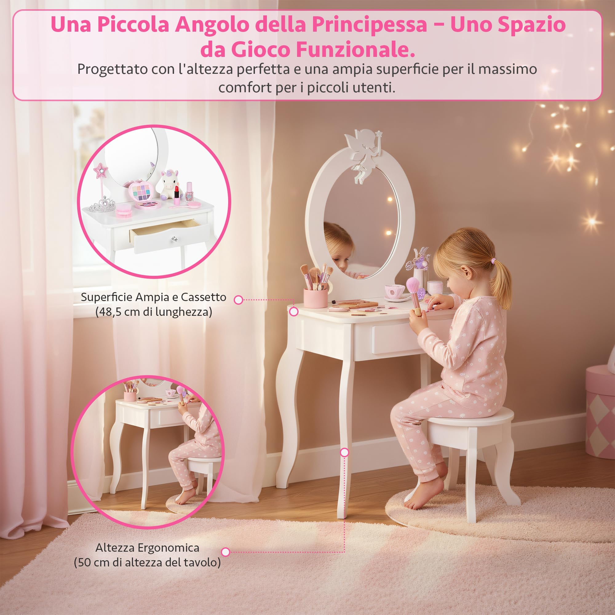 Green series Tavolo da toeletta per bambini in legno con specchio e sgabello, tavolo da toalet con cassetto e adesivi, per bambini, in legno, per la cameretta dei bambini, idea regalo per ragazze