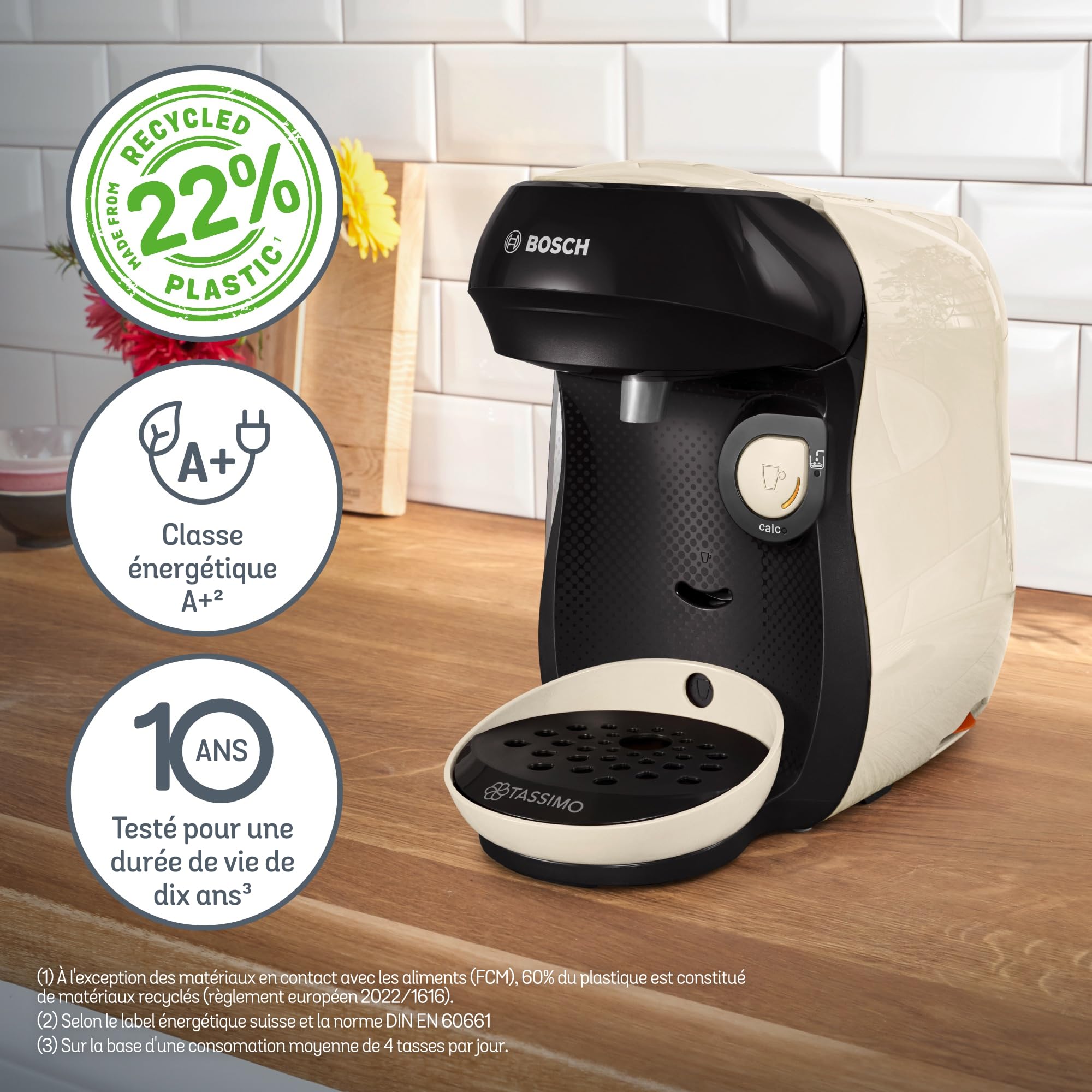 Bosch Machine à café multi-boissons Tassimo Happy friendly, TAS107E, plus de 70 boissons chaudes, OneTouch, cafétière à dosettes, Intellibrew, couleur crème