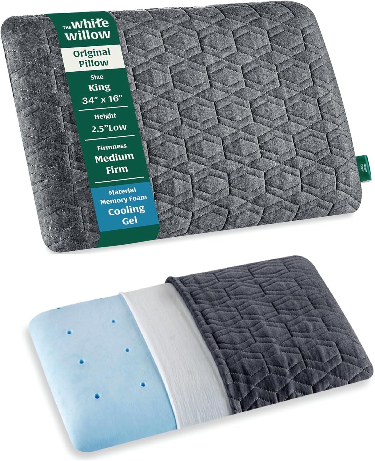 The White Willow Thin Cooling Gel Memory Foam Sleeping Pillow – Medium Firm Neck Support for Side & Stomach Sleepers – Low Loft 2.5" Ergonomic Slim Design – King Size – BASF German Tech – Grey