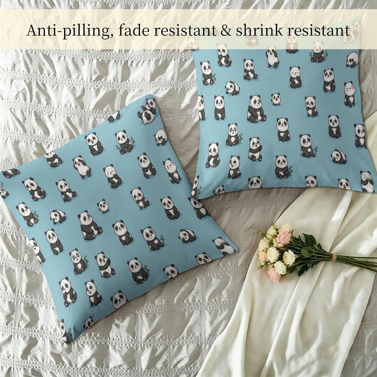 Bettdecke 155x220 cm 4 Jahreszeiten, Süßer Panda Warm Weiche Steppdecke mit 2 Kissenbezügen 80x80 cm, Blau Waschbare Cartoon Tiere Wende Ganzjahresdecke ohne Bezug für Kinderzimmer