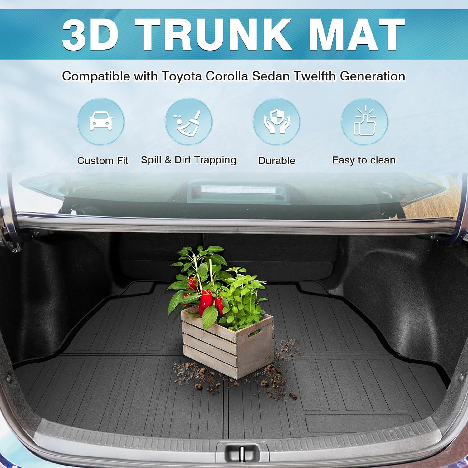 Mixsuper Custom Fit Cargo Liner for Toyota Corolla Sedan & Corolla Hybrid 2020-2024, All Weather Trunk Mat Durable 3D Upgrade Anti-Slip Rear Cargo Mat Trunk Liner Black