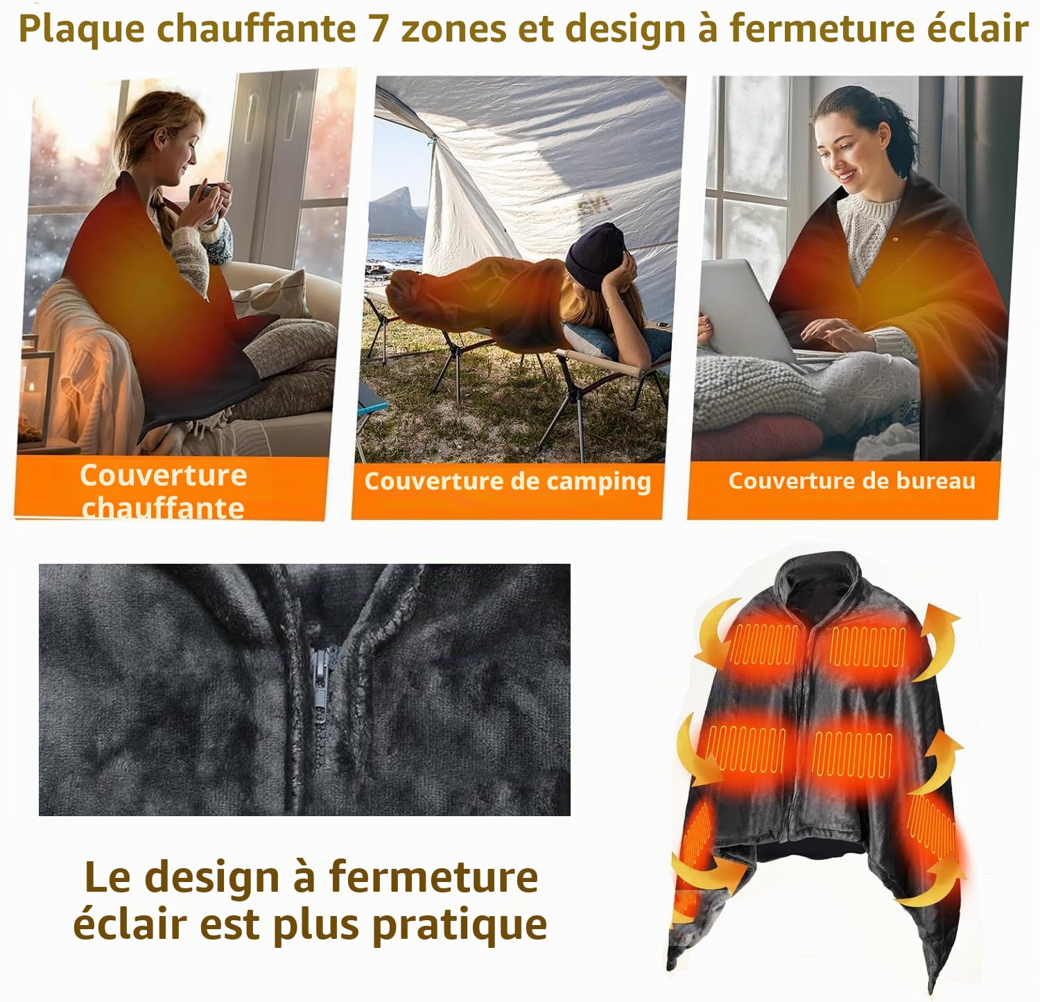 Couverture chauffante sans fil avec batterie 180 x 90 cm, couverture chauffante électrique avec batterie et 3 niveaux de chauffage, couverture chauffante en flanelle lavable, double face