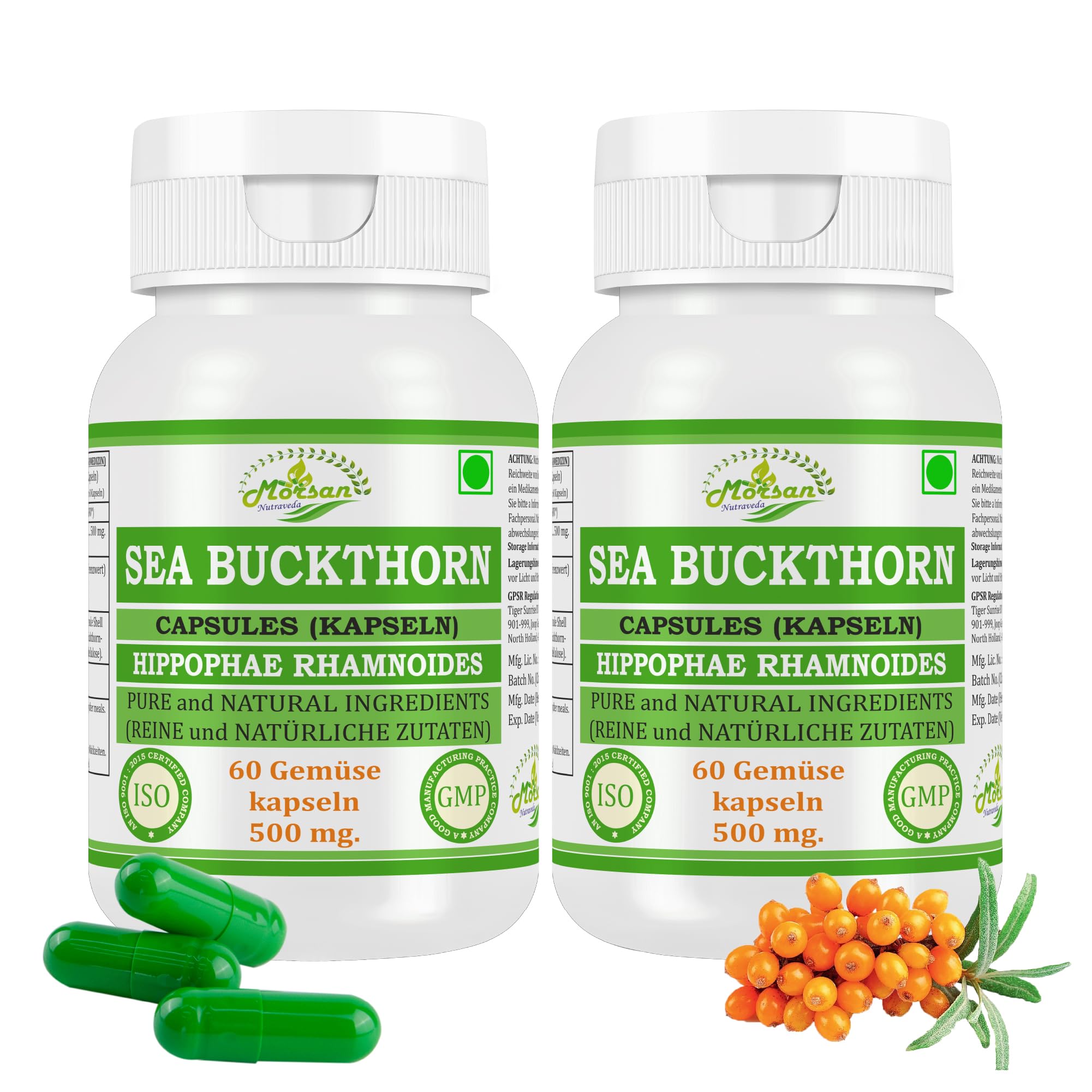 Sea Buchthorn-Kapseln 500 mg. 60 Veganer. Einheiten | Sea Buchthorn (Hippophae rhamnoides) Extrakt-Kapseln für Männer und Frauen | Ayurvedische Kräuterergänzung/Heilmittel (2 Flasche mit 60 Kapseln)