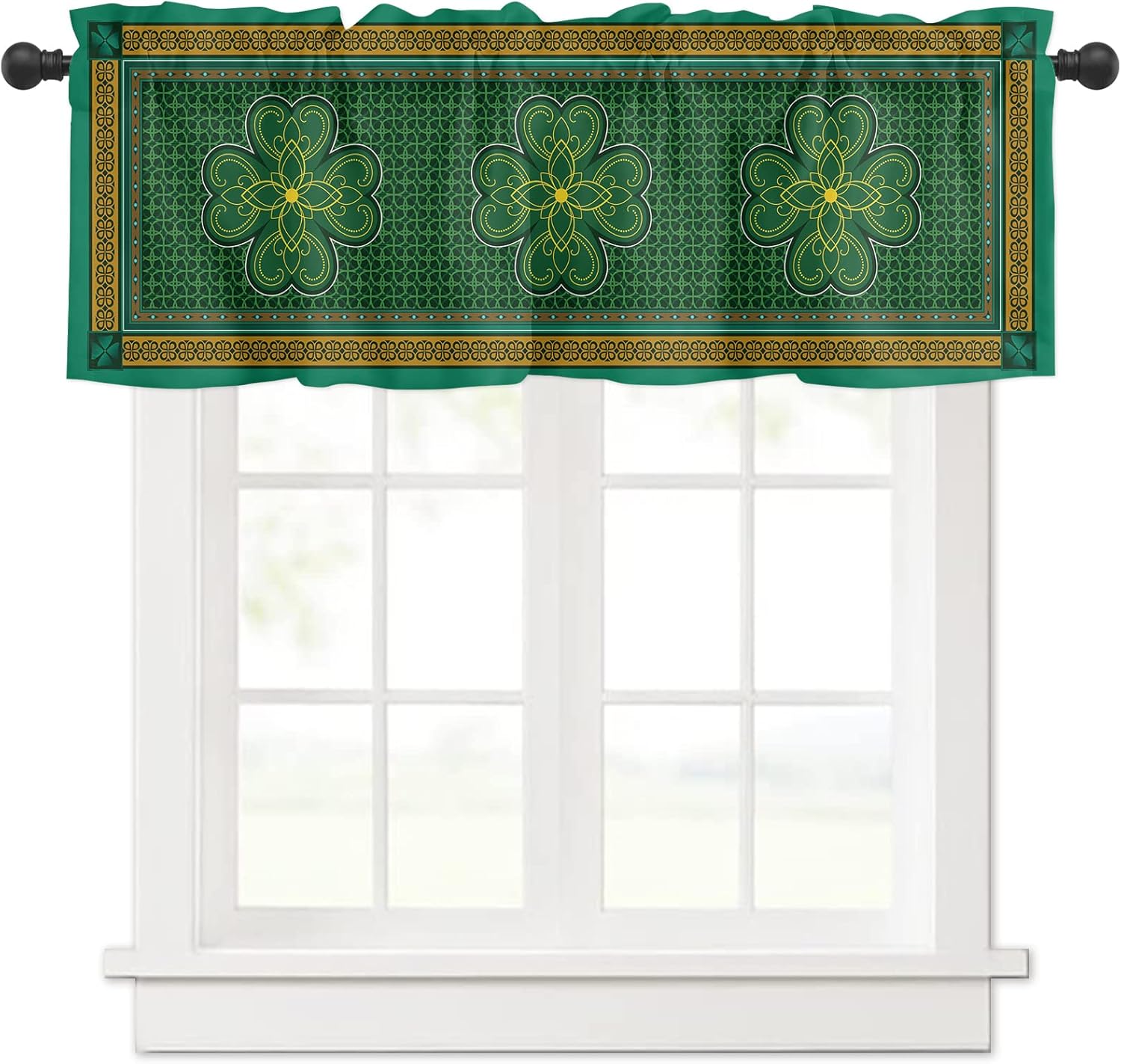 St. Patrick's Day Curtain Valance for Windows/Living Room/Kitchen/Bathroom/Farmhouse, Retro Celtic Knots Lucky Clover Shamrock Short Rod Pocket Tier Curtain Window Treatment, 1 Panel 54x18