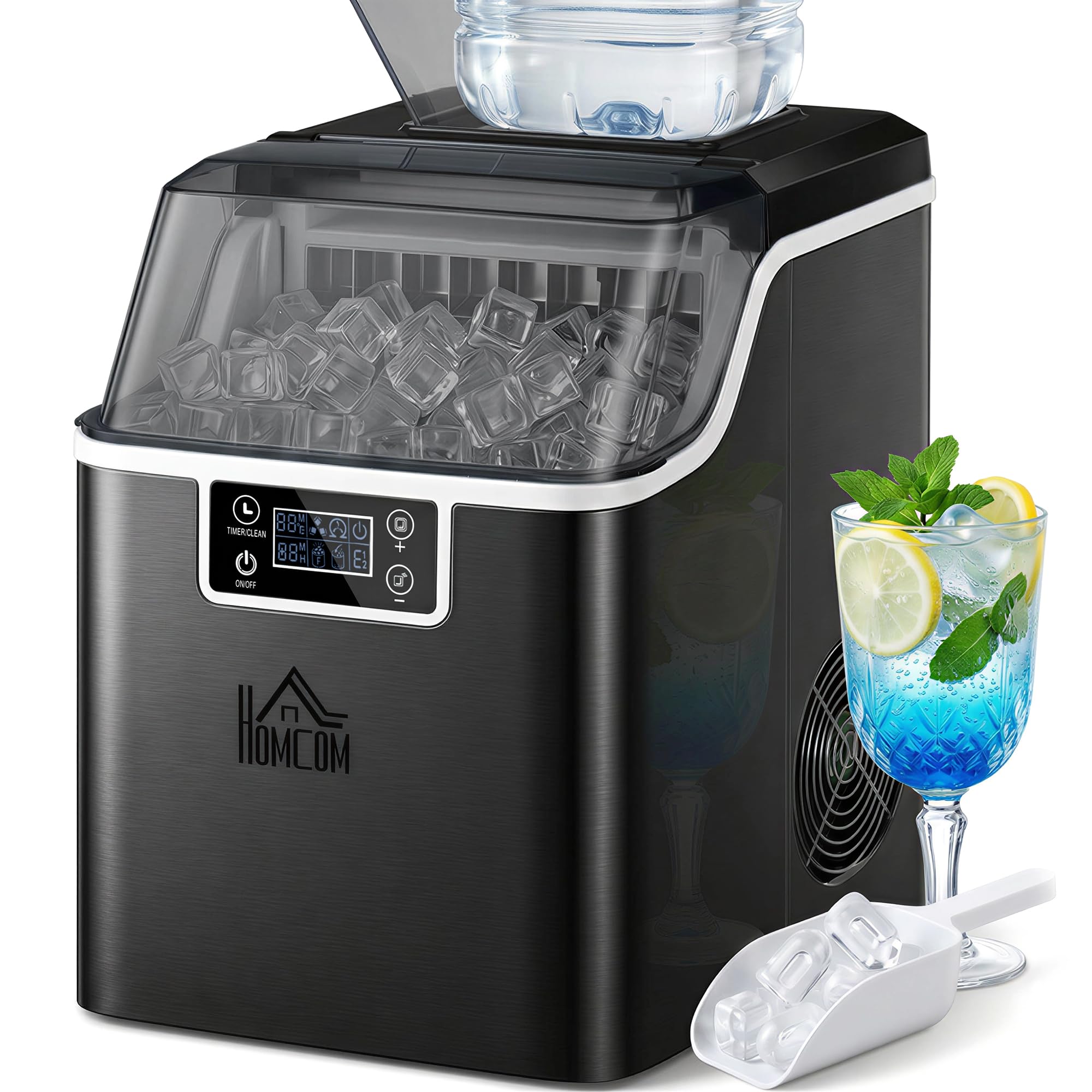 HOMCOM Macchina Ghiaccio 20kg in 24 Ore, Riempimento Manuale o con Bottiglia, 24 Cubetti in 14-18 Minuti con Paletta, Dimensione Regolabile, Serbatoio 3.2L e Sistema Autopulente, Nero