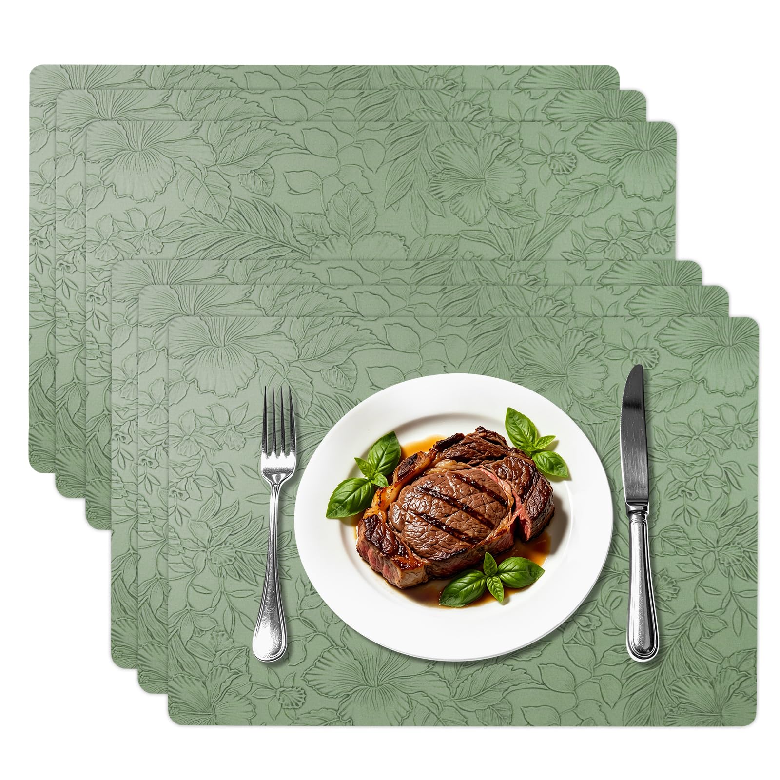 FRUHLING 6er Set Tischsets Abwaschbar, Grün, 30x43cm | Rutschfest, Leder, Hitzebeständig, Platzsets, Platzdeckchen, Platzmatten, Tischmatten, Für Küche Esszimmer Hotel