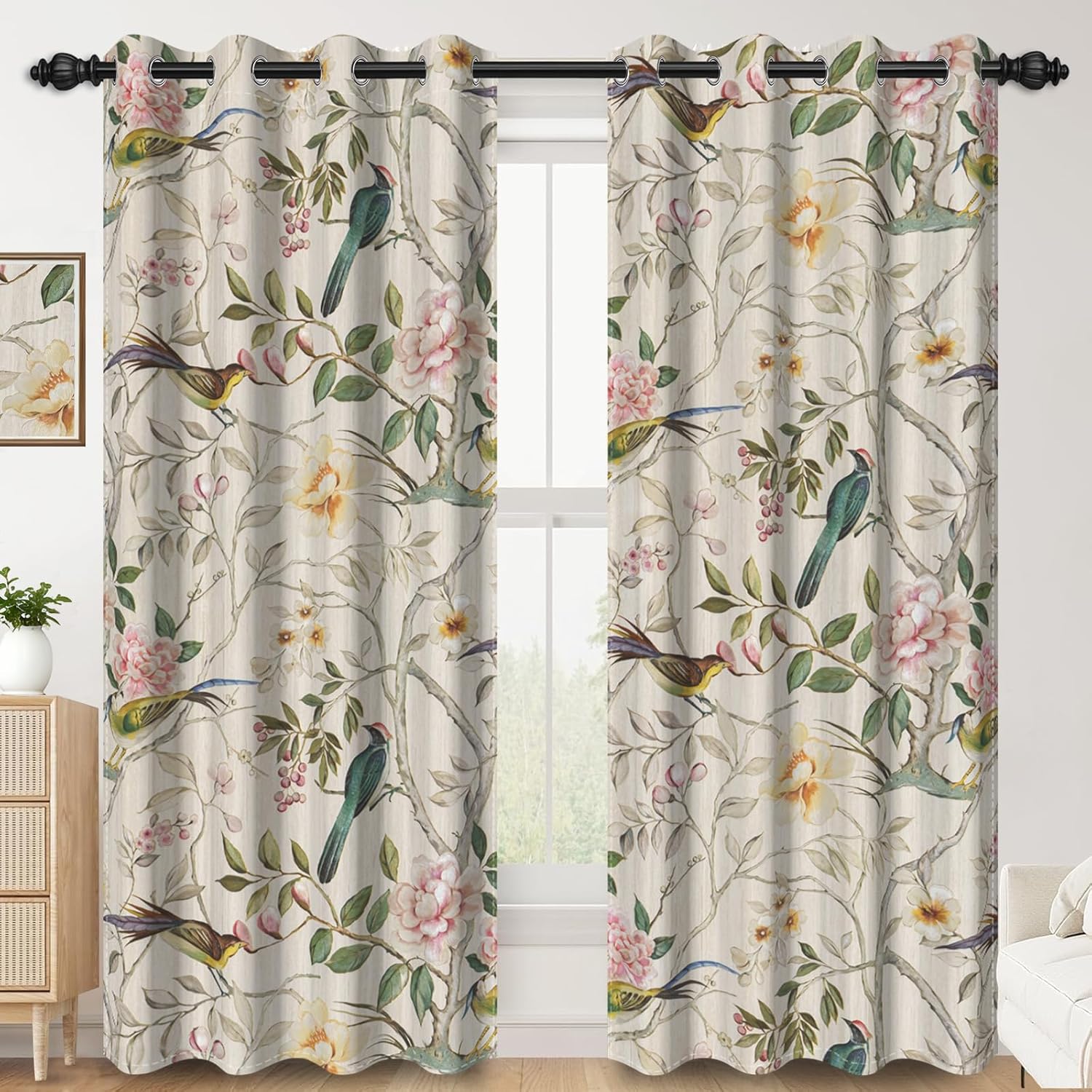 Brown Floral Blackout Curtains 84 Inch Length 2 Panels for Living Room,Thermal Insulated Room Darkening Rustic Birds Printed Curtain Drapes with Grommet Top
