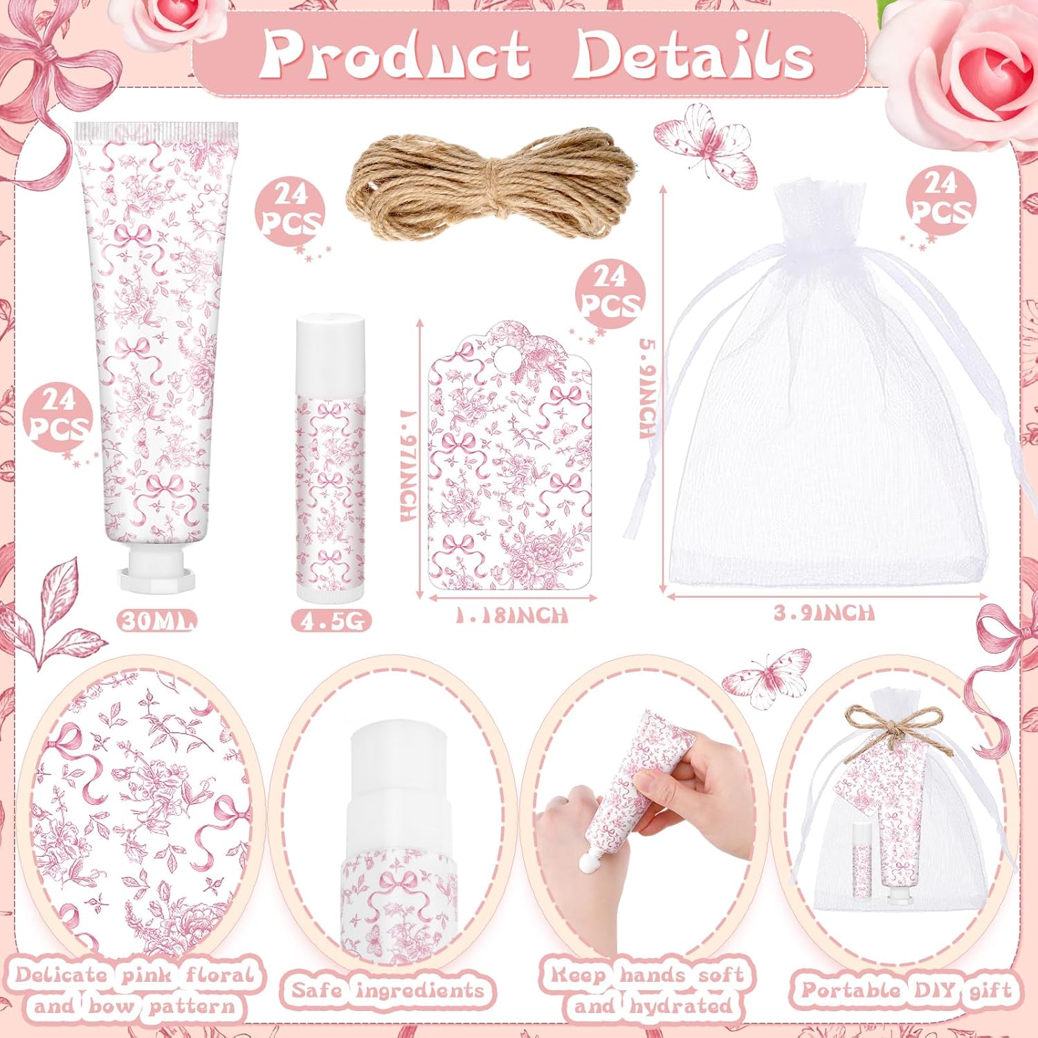 Qunclay 24 Set /96 Pcs Pink Floral Bow Bridal Shower Hand Cream and Lip Balm Gift for Guest Bulk Pink Floral Baby Shower Favors Travel Hand Lotion and Lip Balm Birthday Bridal-shower Party Supplies