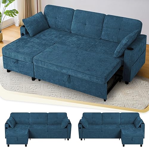 Miniatura 13 de Sofá cama extraíble en forma de U de 110 pulgadas con diván de almacenamiento y respaldo ajustable, sofá modular de felpilla con puerto USB, sofá