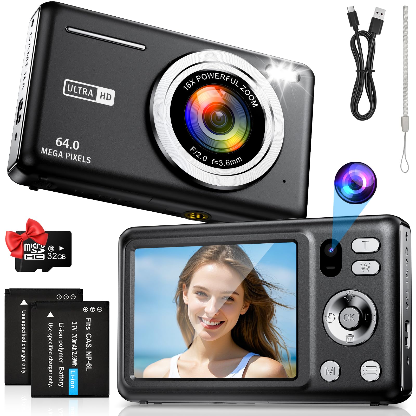 Cámara de Fotos 64MP 4K Cámara Digital Compacta con Zoom 16X 2,8" LCD Compacta Portátil Cámara con Tarjeta 32GB para Niños Principiantes Adulto (Negro)