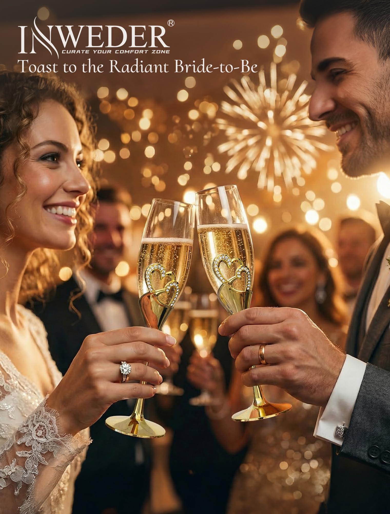 Copas de Champán Dorado para Boda: con Caja Regalo de Madera, 2 Pcs | Capacidad de 200 ml, Cristal Sin Plomo, Tallo Metálico, para Compromiso, Aniversario, Despedida de Soltera, Novios, Brindis