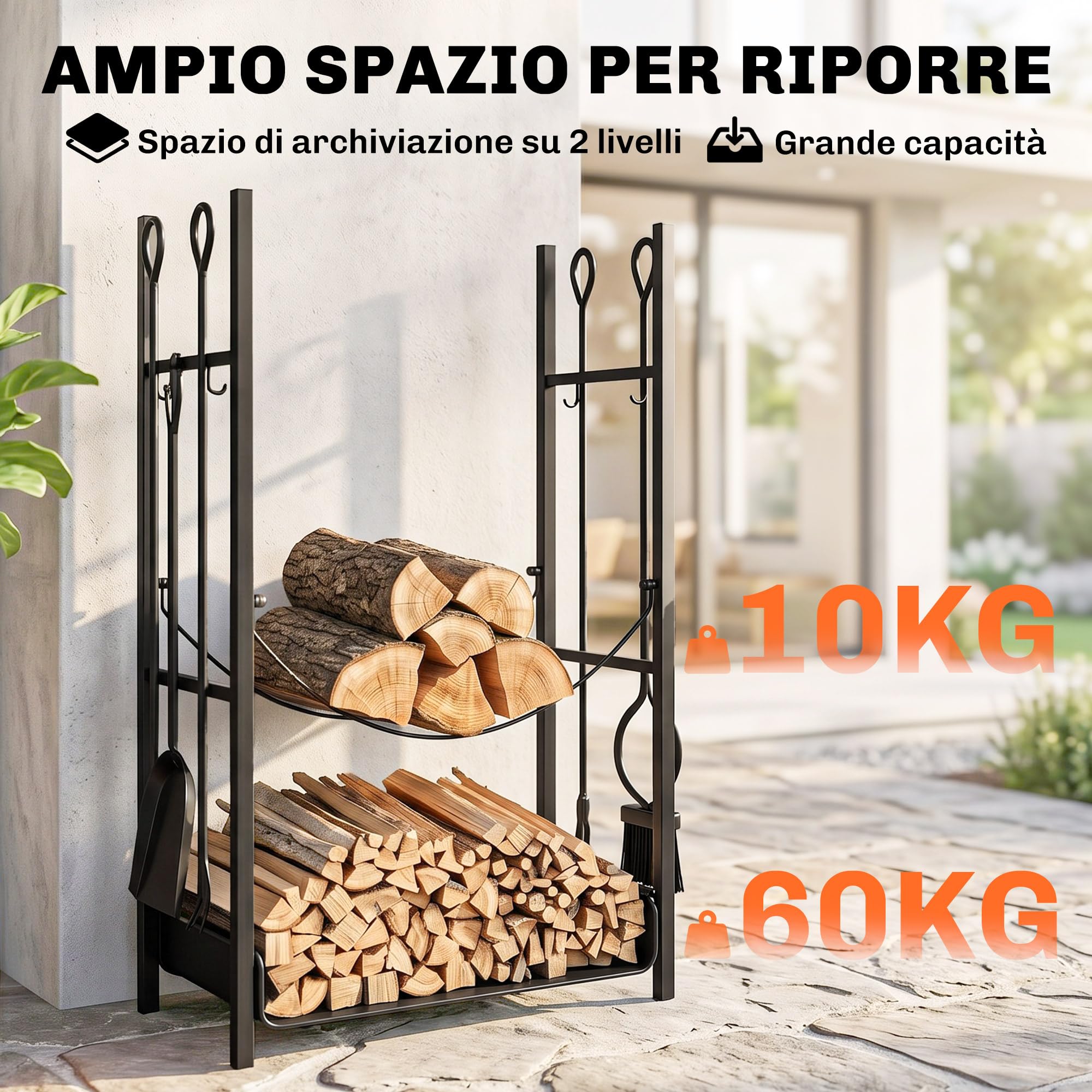 Outsunny Portalegna da Interno ed Esterno Rialzato a 2 Ripiani, Porta Legna da Ardere in Metallo con Supporti Rimovibili, Paletta, Scopa, Attizzatoio e Pinza, Capacità 70 kg, 44.5x29.5x73 cm, Nero
