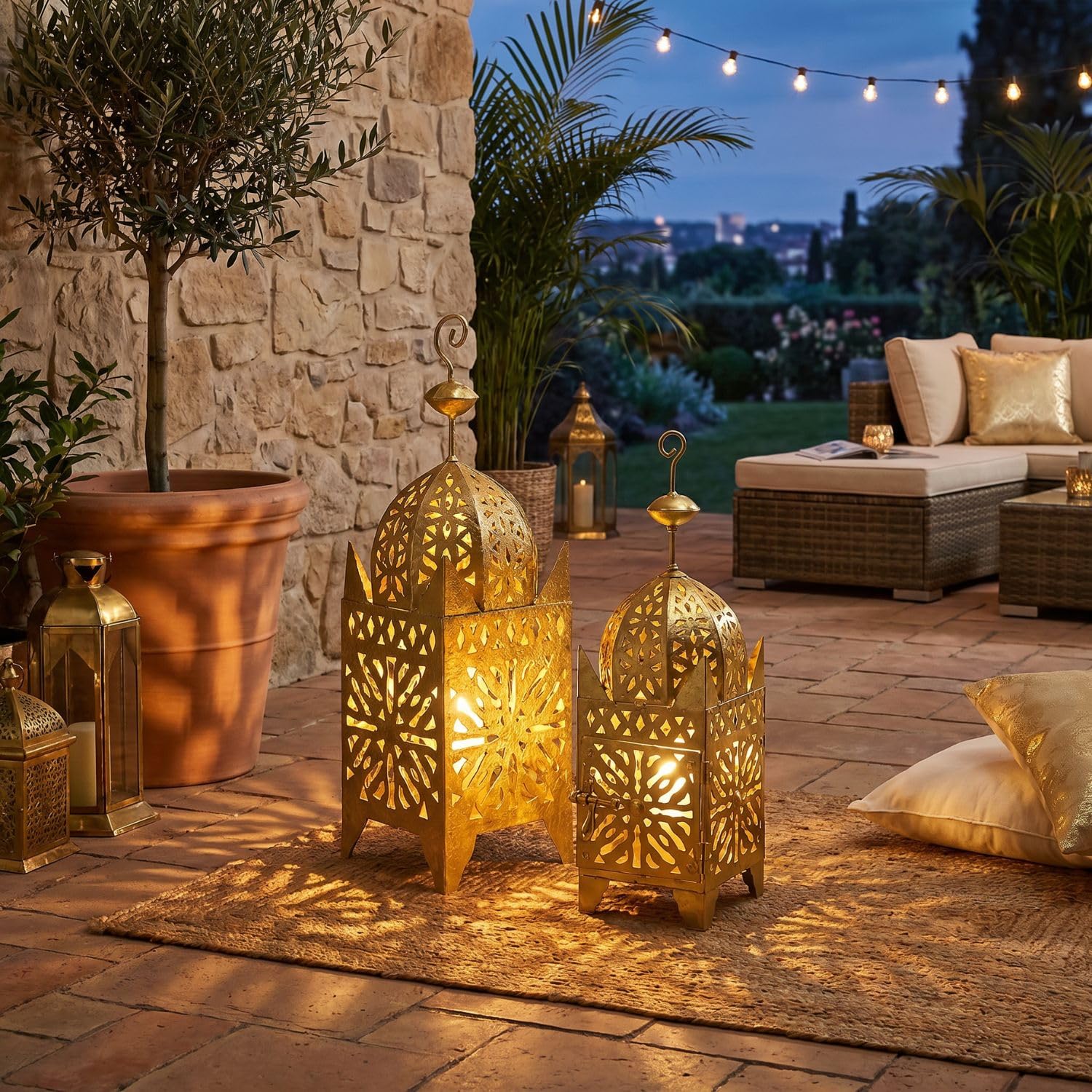 Linterna marroquí Frane Gold, 42 cm, Metal, Marrakech, Hecha a Mano