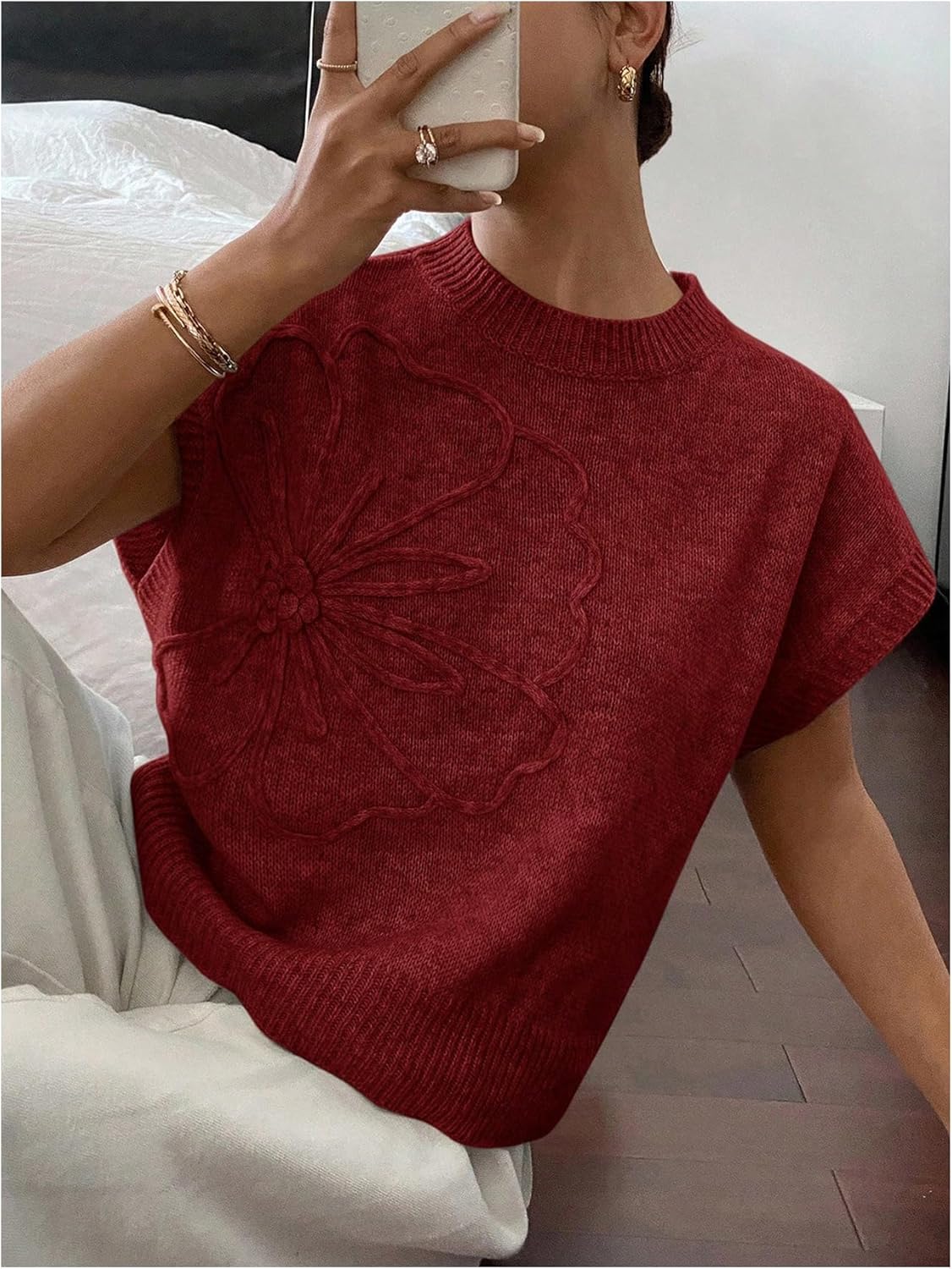 SOLY HUX Women's Short Sleeve Sweater 3D Floral Sweaters Pullover Tank Tops Knit Vest Trendy Fashion Clothing Rust Brown Floral Small - Image 5