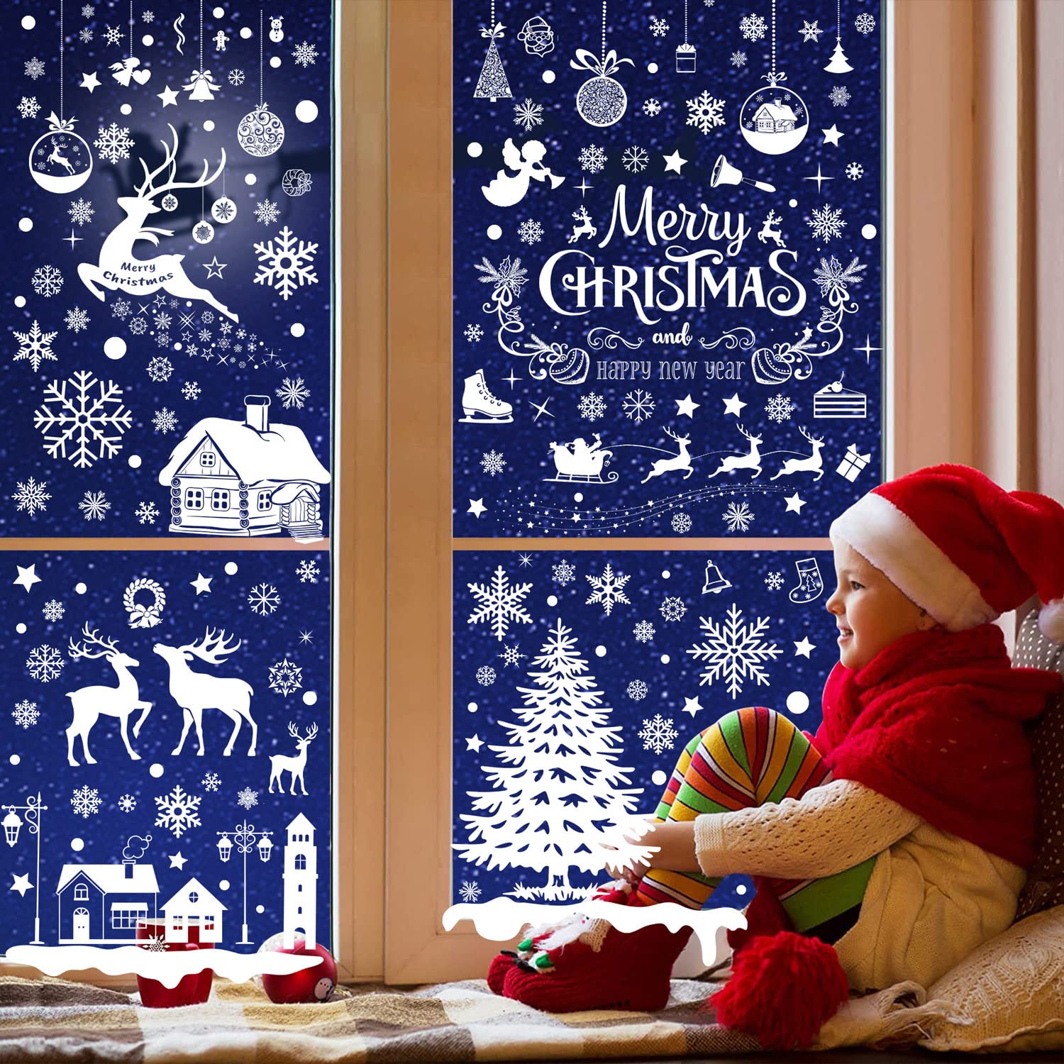 Kerst raamdecoratie, raamafbeeldingen Kerstmis, sneeuwvlokken, kerstdecoratie, winterdecoratie, kerstdecoratie, kerstgouden sneeuwvlokken, raamdecoratie, sneeuwvlokken