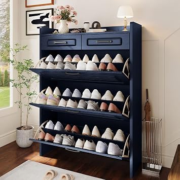 Lakifun Narrow Shoe Organizer Cabinet with 3 Large Flip Drawers & 2 Storage Drawers - Slim Shoe Storage for Entryway, Hallway, Bedroom, Apartment, Blue