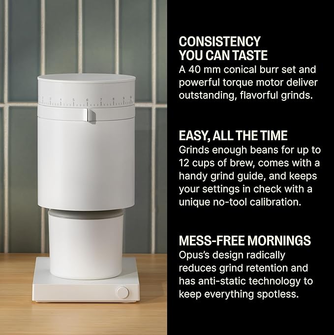 Say goodbye to messy mornings with the OPUS Conical Burr Grinder. Its drop-down design and anti-static technology minimize grind retention, ensuring a clean countertop every time. The spouted catch further prevents any spills or messes, making your coffee brewing experience hassle-free. Backed by Fellow, the experts in coffee and product design, this grinder not only performs flawlessly but also adds an element of design and elegance to your kitchen countertop. Embrace the journey of brewing coffee with the OPUS Conical Burr Grinder and discover the true joy of creating your perfect cup. Description by ChatGPT.
