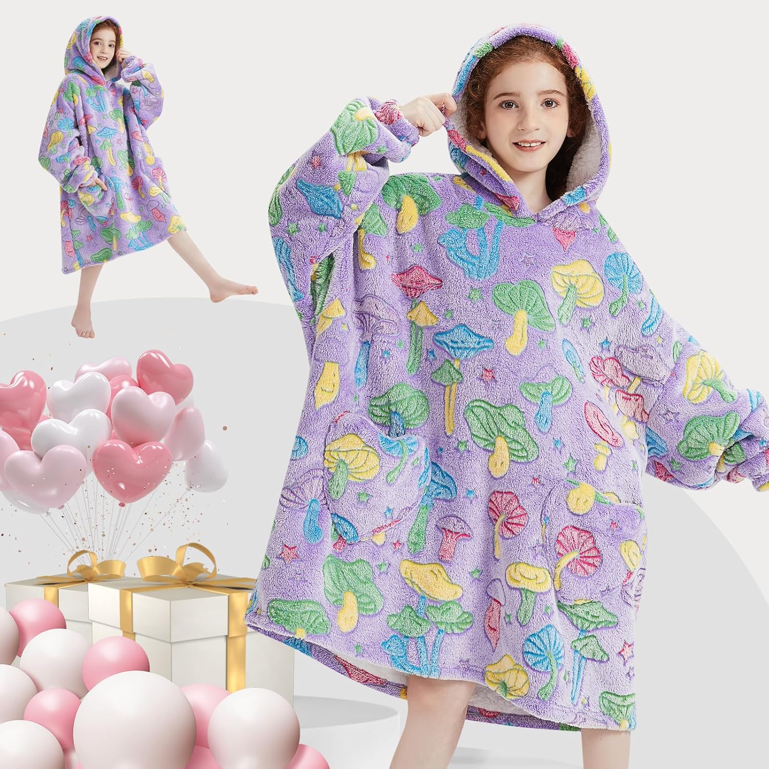 Wearable Blanket Hoodie for Kids Oversized Sherpa Blanket Hoodie for Kids Boys Girls Teens 6-13YR,Glow in The Dark Mushroom - Image 6