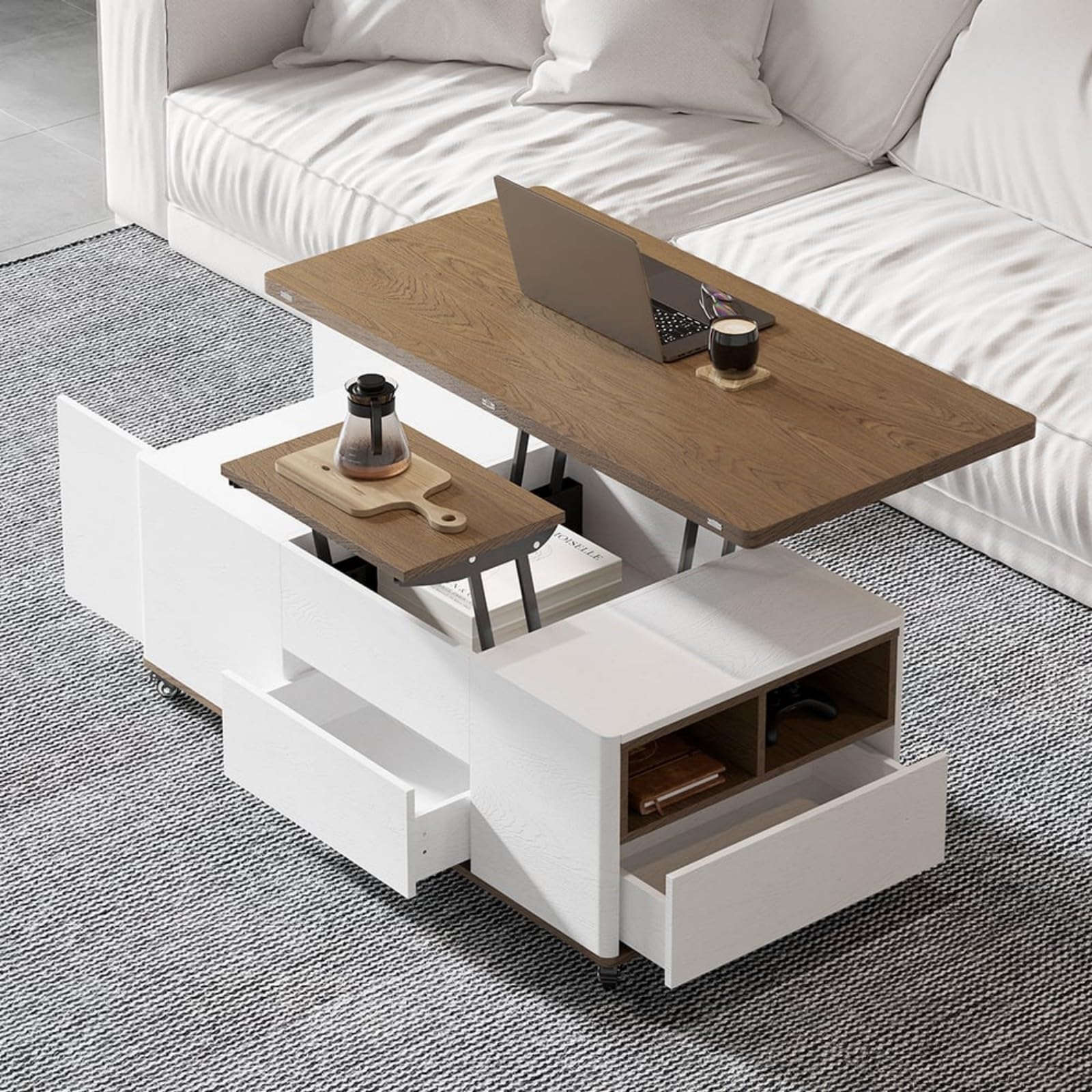Homary Table Basse Relevable, Table Basse Salon Bois avec Rangement Caché
