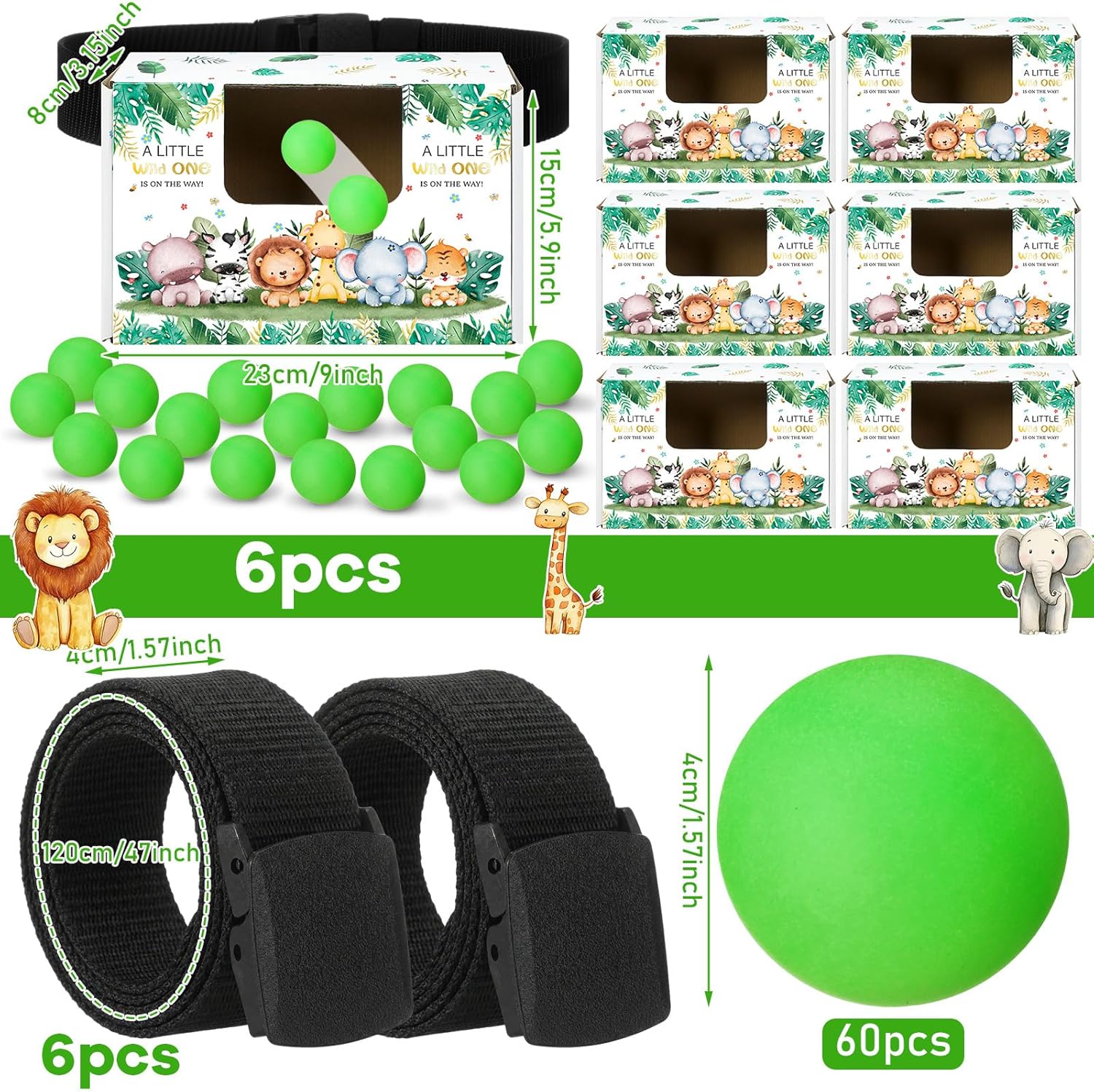 Civaner 6 Set Safari Baby Shower Game Jungle Animal Swing Shaking Balls Activity Set for Adult Family Novelty Twerk 60 Balls, Ribbon, Cardboard Boxes Forest Baby Shower Party Game for Outdoor Indoor