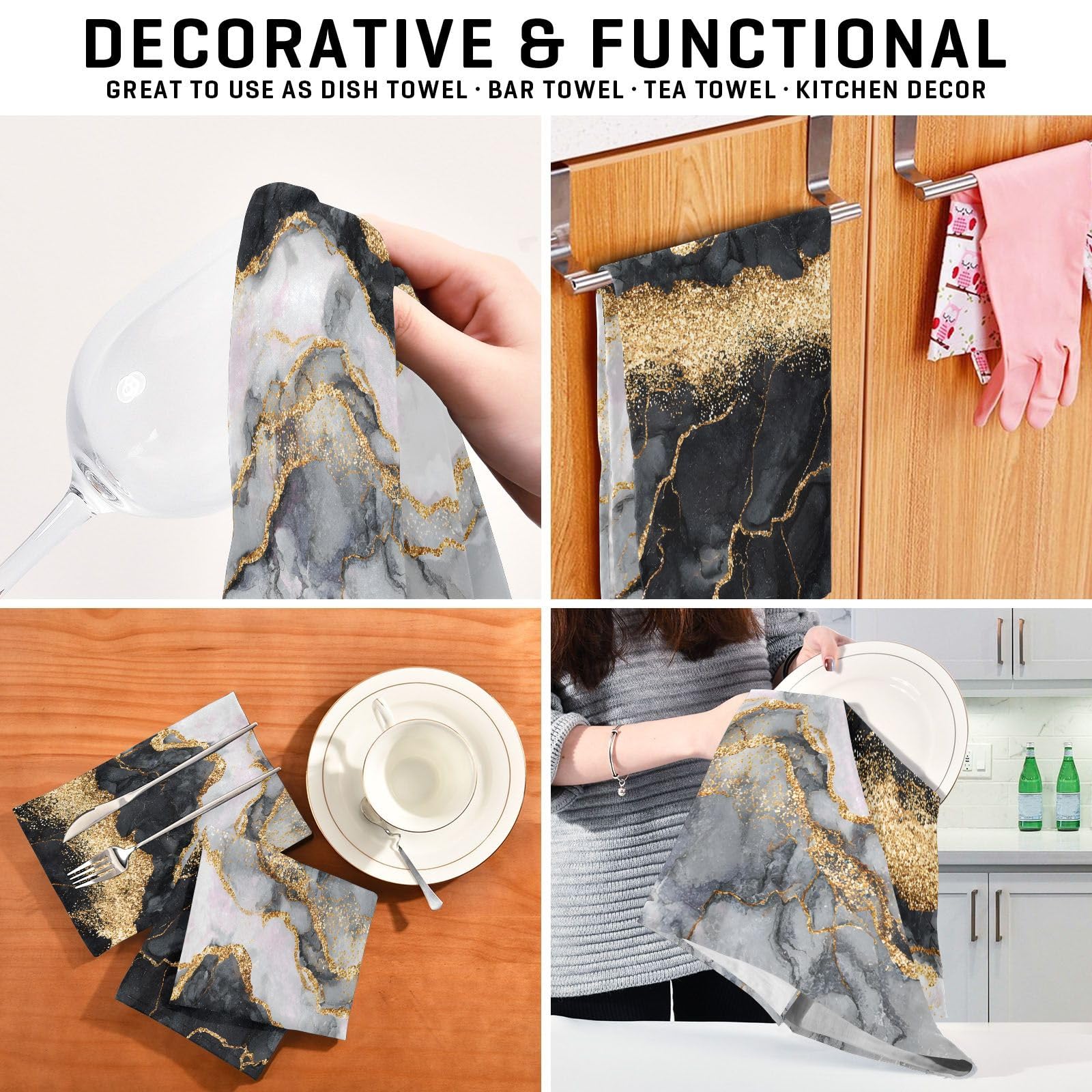 Toallas de cocina de mármol negro dorado, ultra absorbentes, secado rápido, paños de cocina de 28 x 18 pulgadas para cocinar hornear, limpieza del hogar, juego de 4